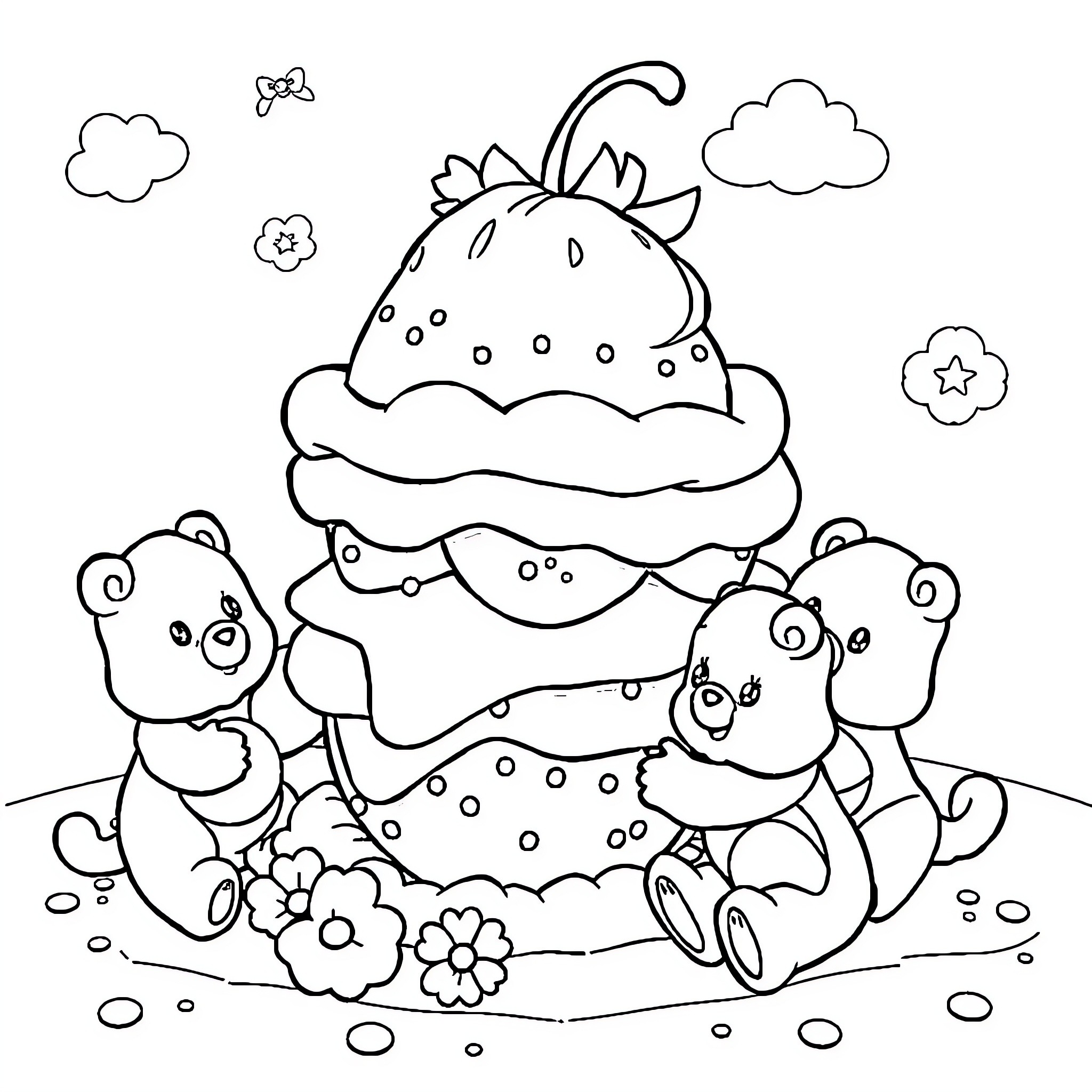 Strawberry Shortcake and friends playing together Coloring Page (free black-and-white line drawing printable PDF for all, from beginners to advanced learners, including children, teens, adults, and seniors)