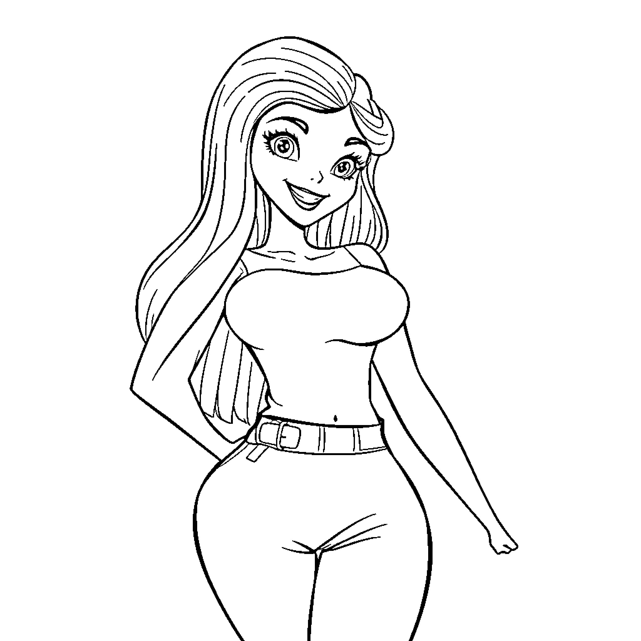 Girl posing with confident expression Coloring Page (free black-and-white line drawing printable PDF for all, from beginners to advanced learners, including children, teens, adults, and seniors)