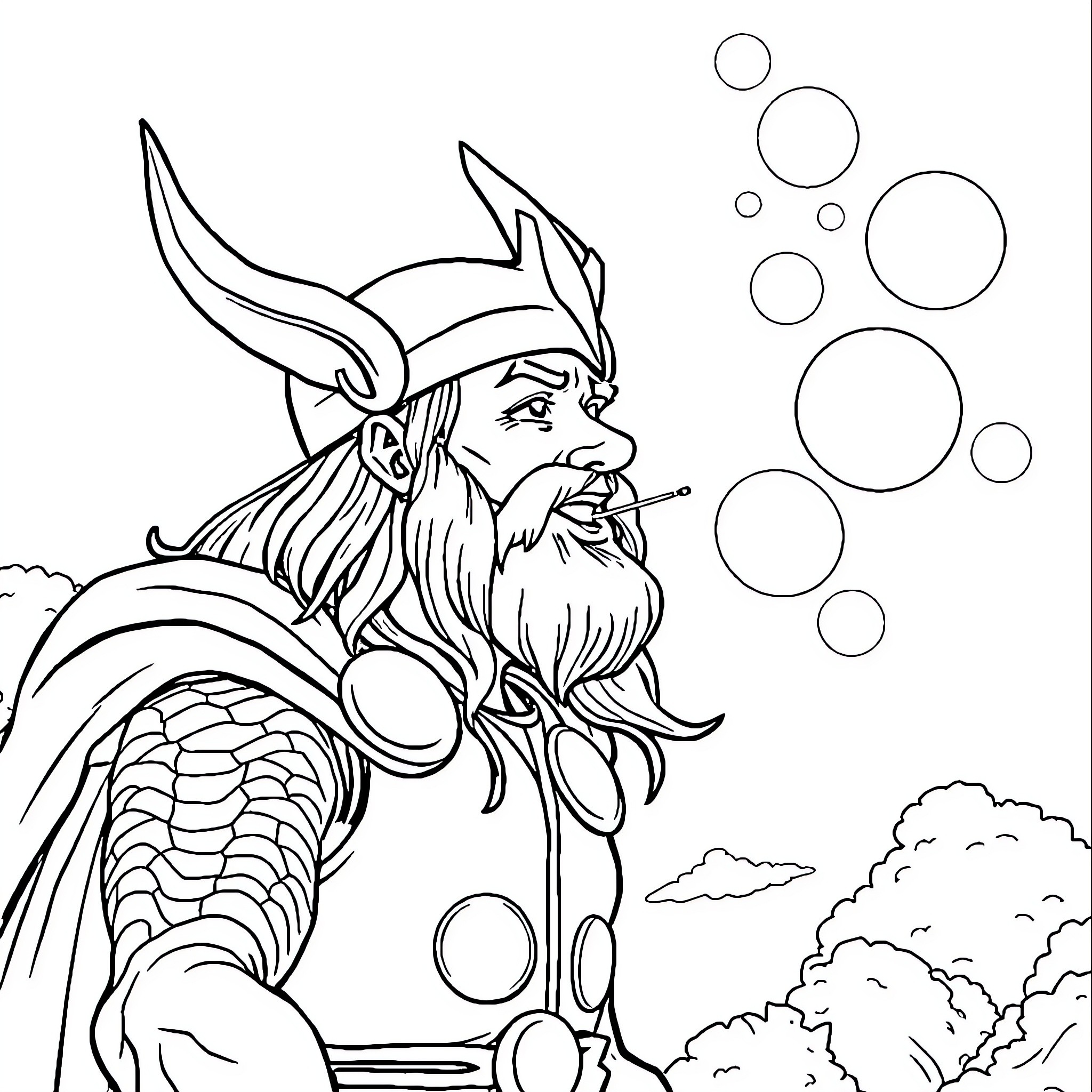 Thor's Warrior Persona in Whimsical Bubbles Coloring Page (free black-and-white line drawing printable PDF for all, from beginners to advanced learners, including children, teens, adults, and seniors)