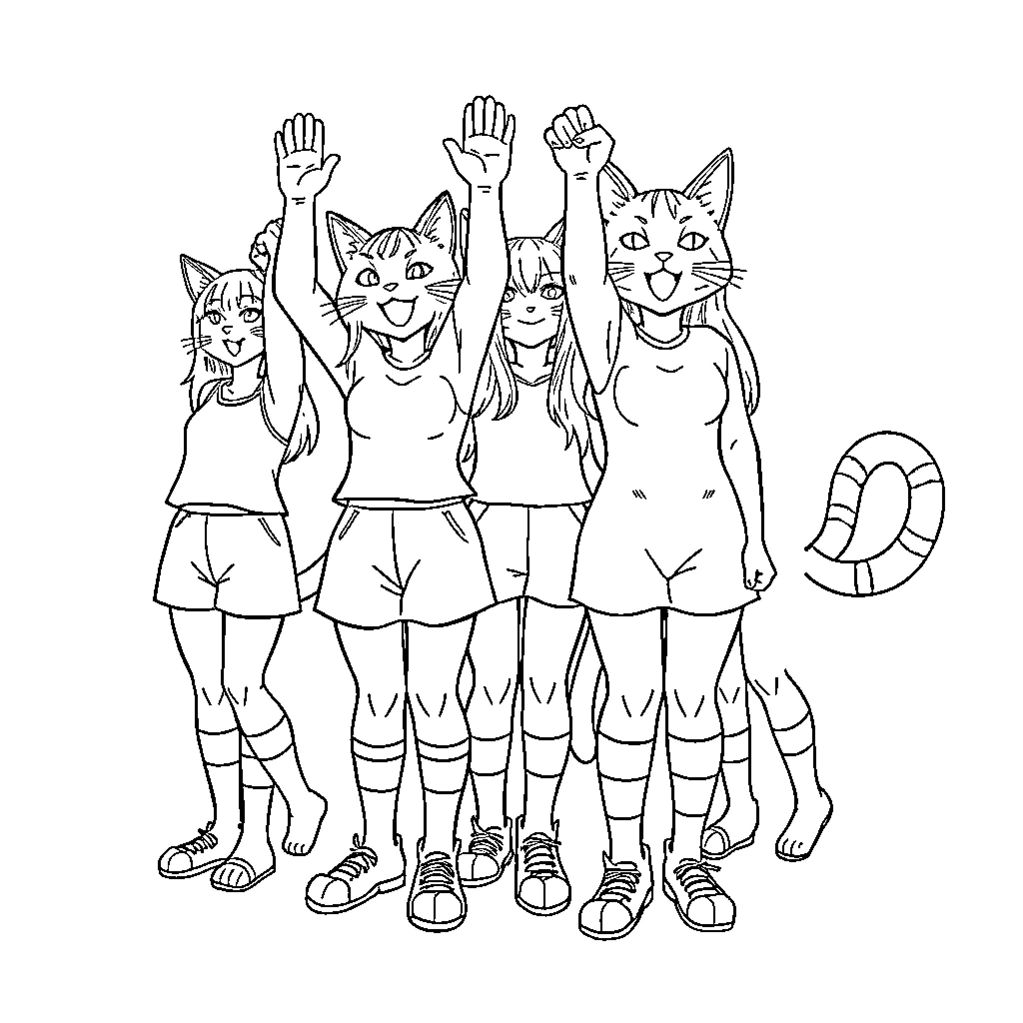 Neko Girls Celebrating and Waving Coloring Page (free black-and-white line drawing printable PDF for all, from beginners to advanced learners, including children, teens, adults, and seniors)