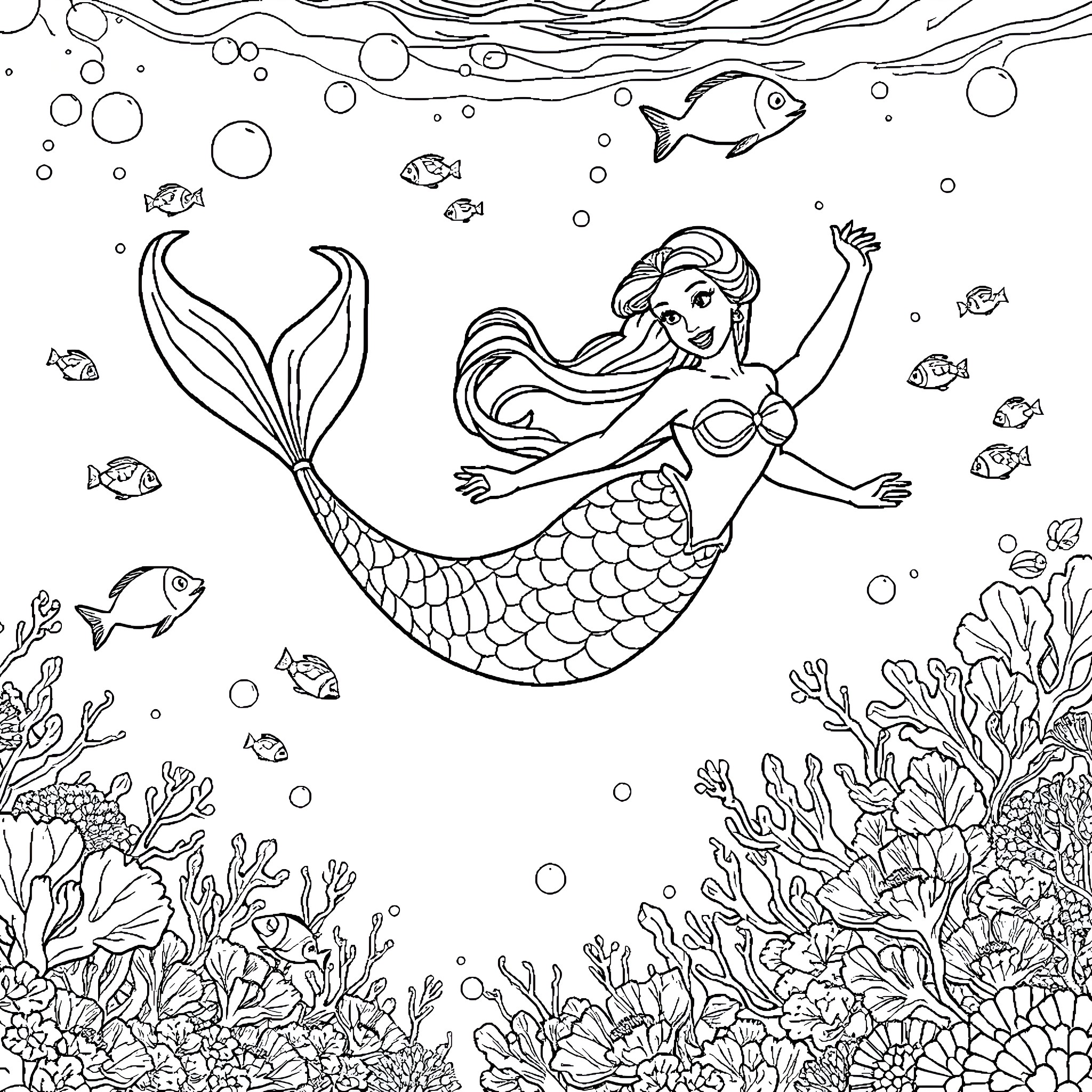 Belle the Mermaid Exploring the Underwater Coral Reef Coloring Page (free black-and-white line drawing printable PDF for all, from beginners to advanced learners, including children, teens, adults, and seniors)
