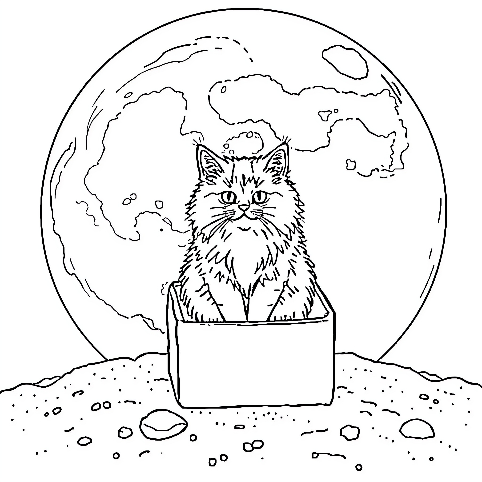 Cat in a box under the night sky Coloring Page (free black-and-white line drawing printable PDF for all, from beginners to advanced learners, including children, teens, adults, and seniors)