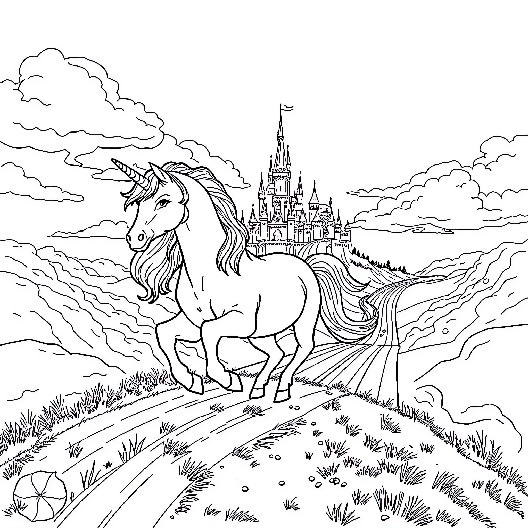 Unicorn galloping towards magical castle in the distance Coloring Page (free black-and-white line drawing printable PDF for all, from beginners to advanced learners, including children, teens, adults, and seniors)