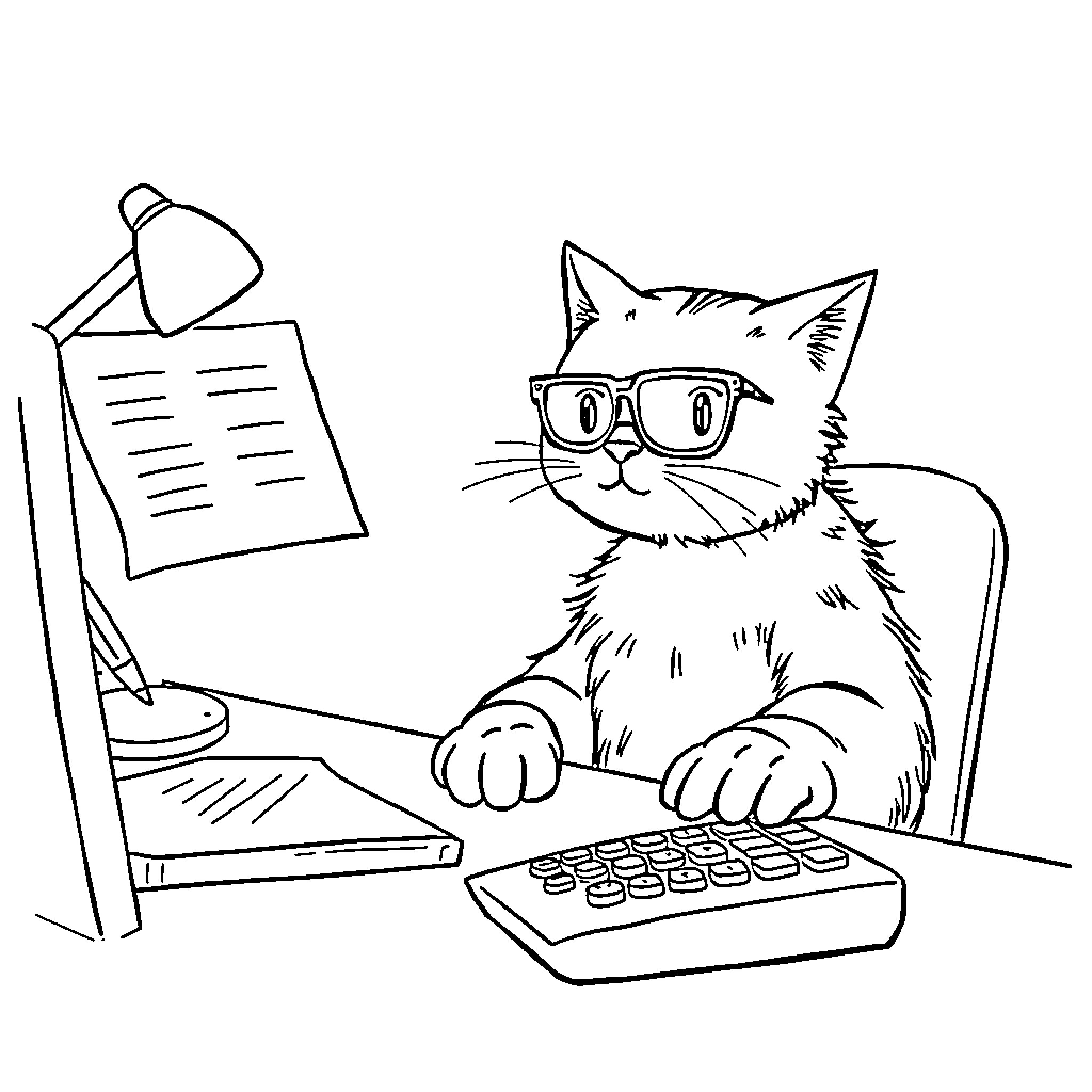 Cat working diligently at desk with calculator Coloring Page (free black-and-white line drawing printable PDF for all, from beginners to advanced learners, including children, teens, adults, and seniors)