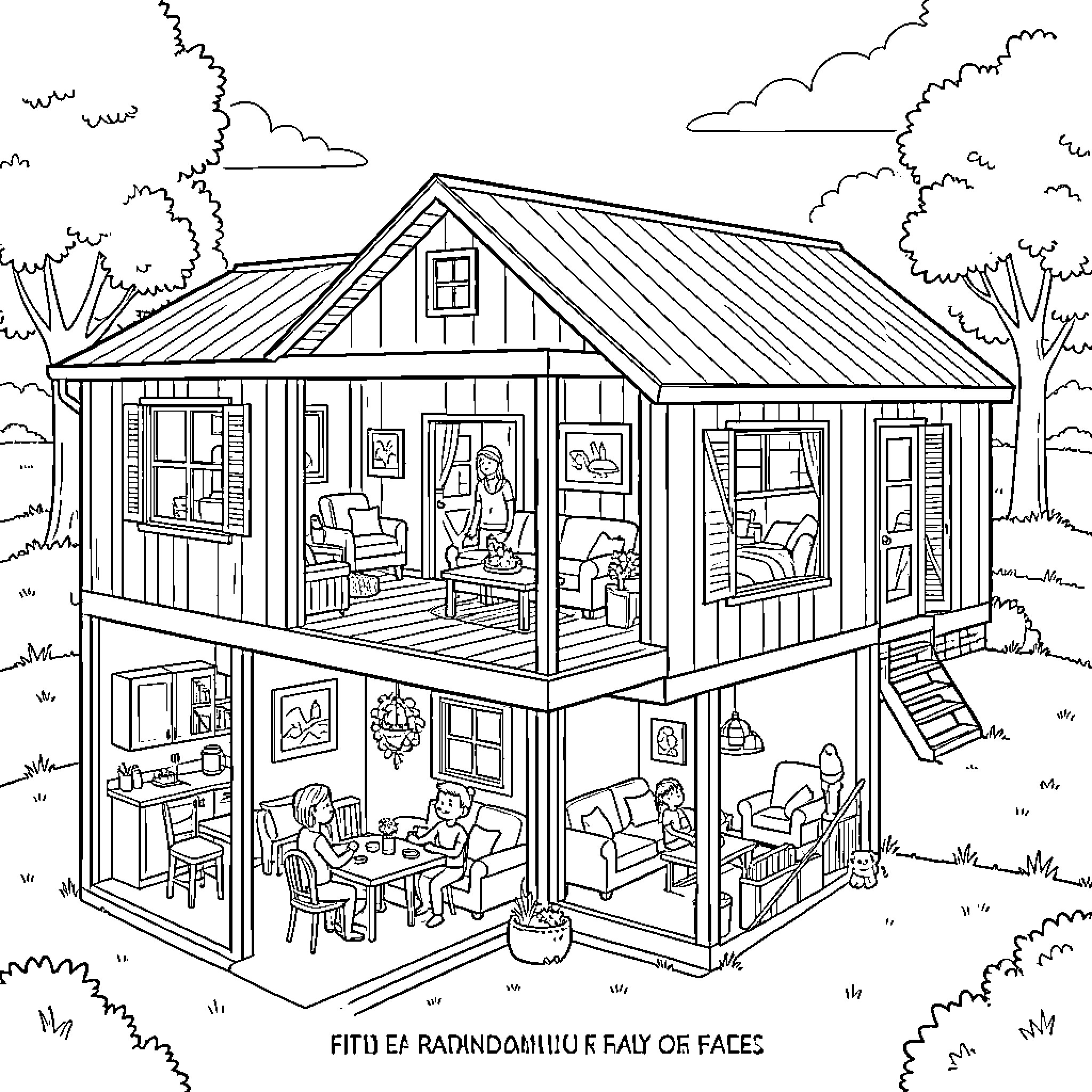 Barndominium with Family at Home Coloring Page (free black-and-white line drawing printable PDF for all, from beginners to advanced learners, including children, teens, adults, and seniors)