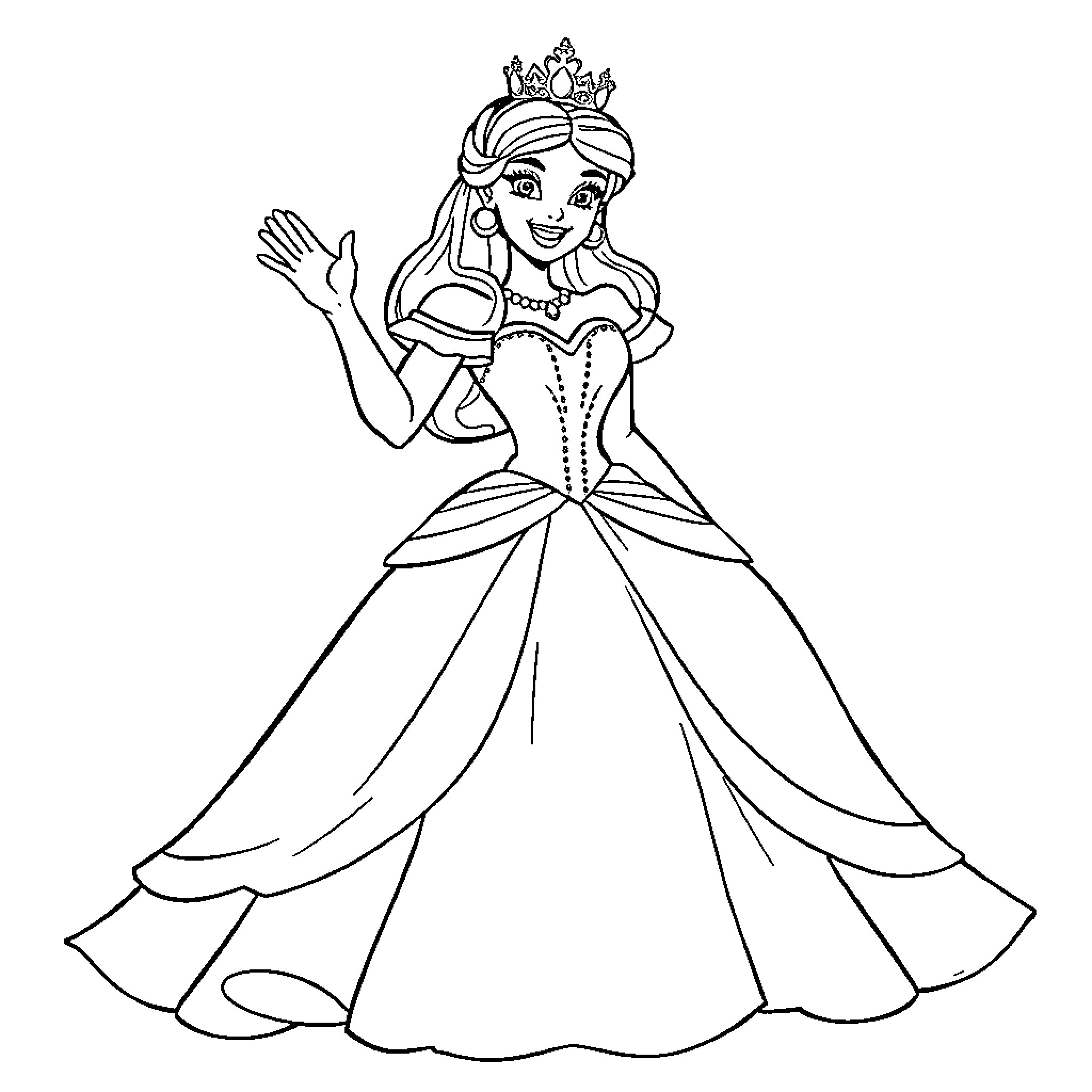 Princess Waving in Elegant Ball Gown Coloring Page (free black-and-white line drawing printable PDF for all, from beginners to advanced learners, including children, teens, adults, and seniors)