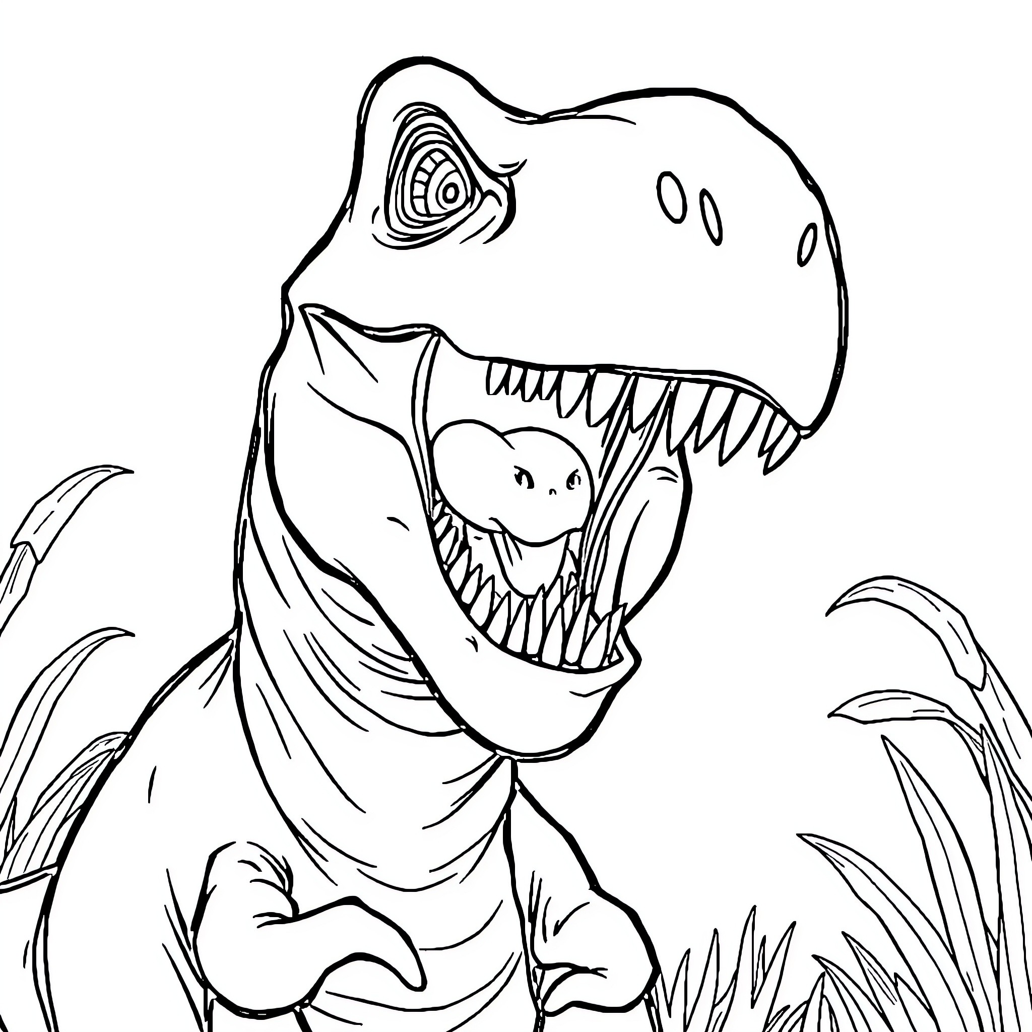 Dinosaur roaring in the wild Coloring Page (free black-and-white line drawing printable PDF for all, from beginners to advanced learners, including children, teens, adults, and seniors)