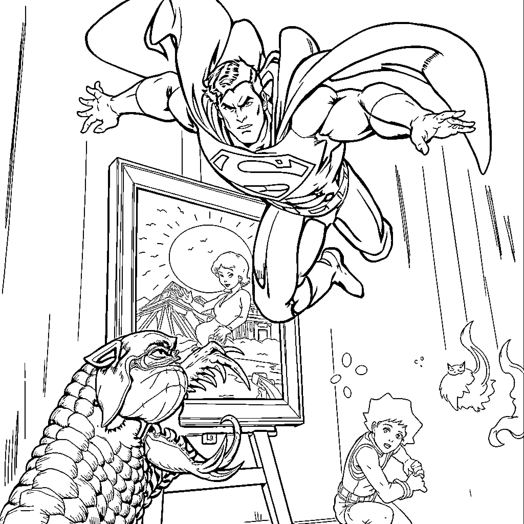 Superman Saving the Day in a Dramatic Scene Coloring Page (free black-and-white line drawing printable PDF for all, from beginners to advanced learners, including children, teens, adults, and seniors)
