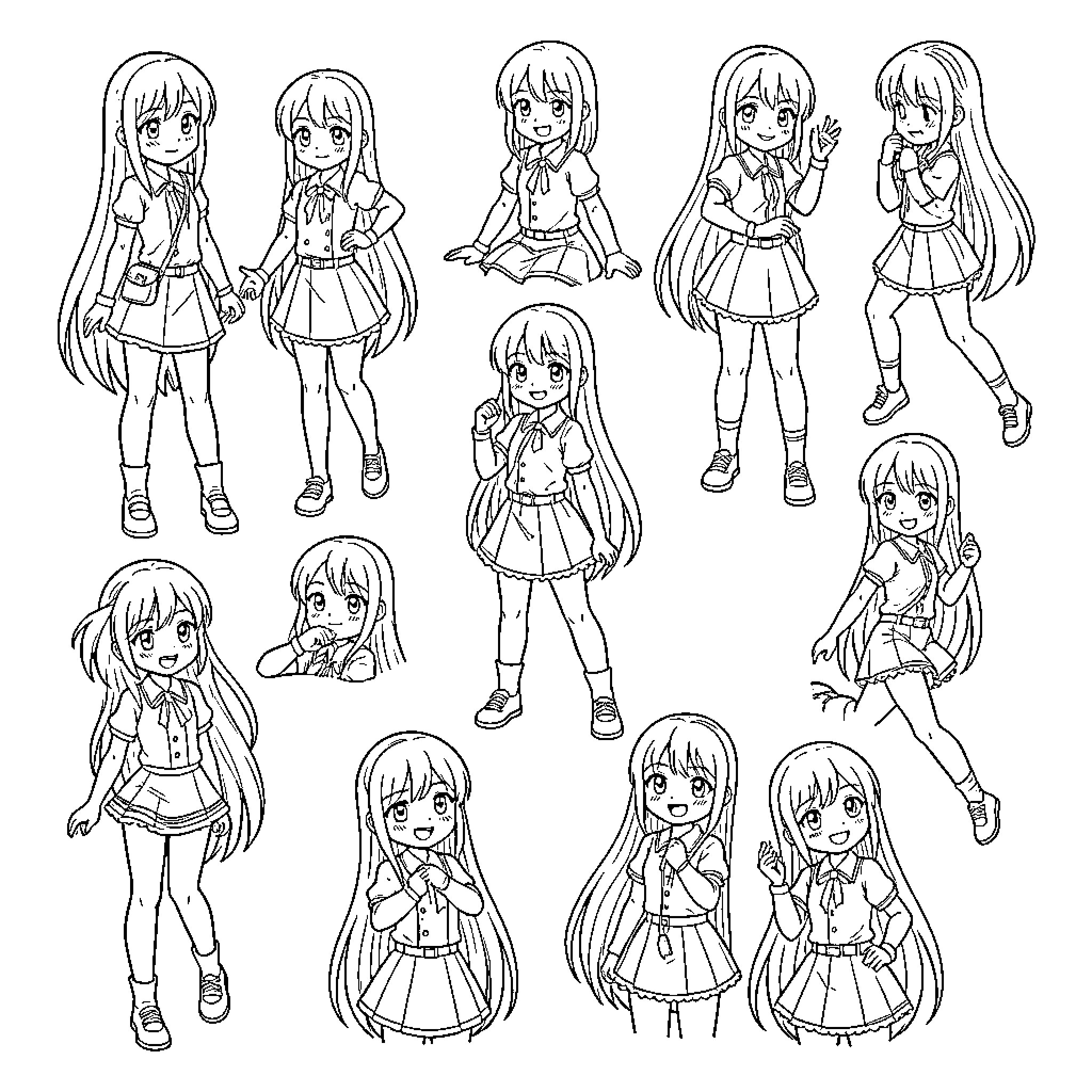 Anime Girl in various poses and expressions Coloring Page (free black-and-white line drawing printable PDF for all, from beginners to advanced learners, including children, teens, adults, and seniors)