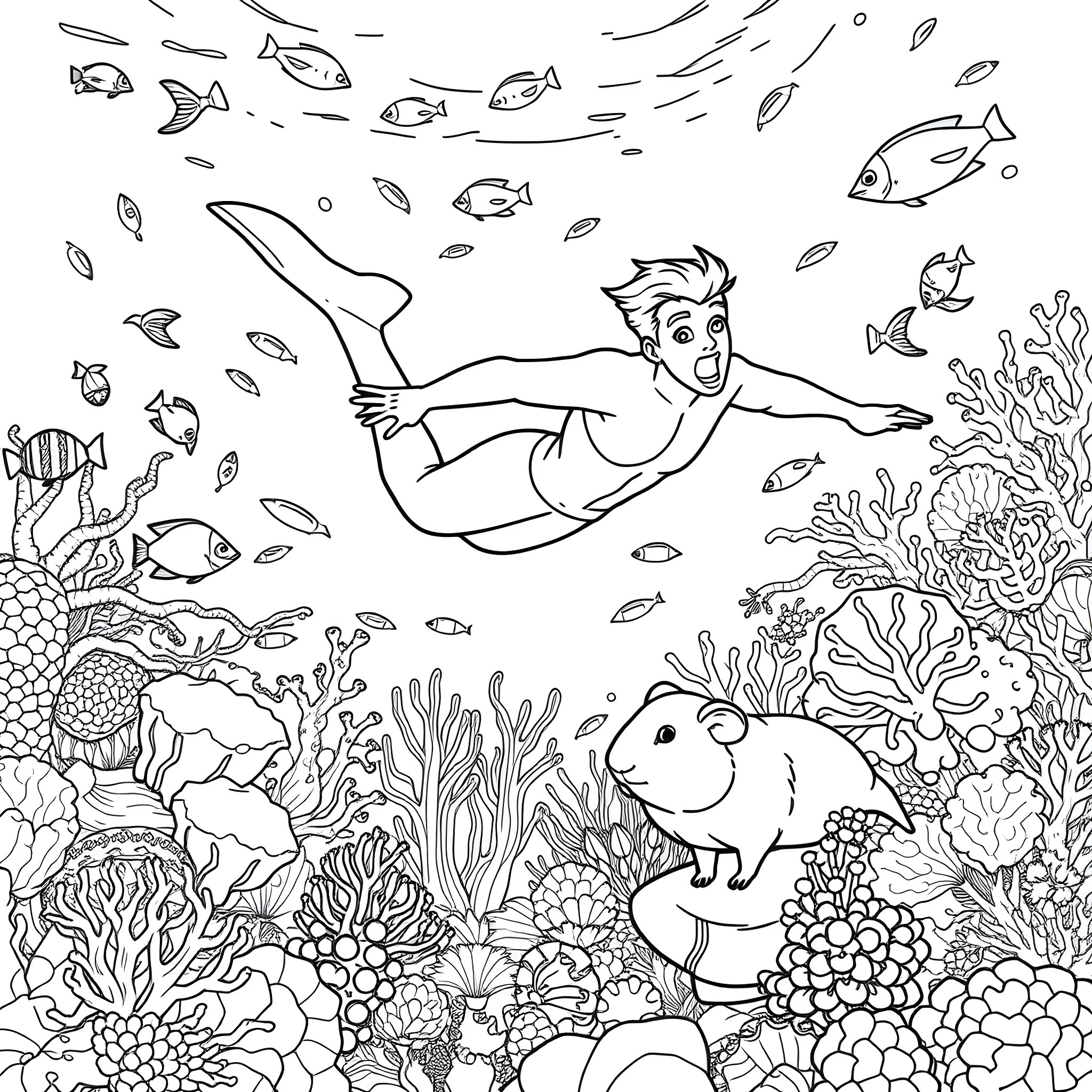 Aquaman explores the colorful underwater world Coloring Page (free black-and-white line drawing printable PDF for all, from beginners to advanced learners, including children, teens, adults, and seniors)