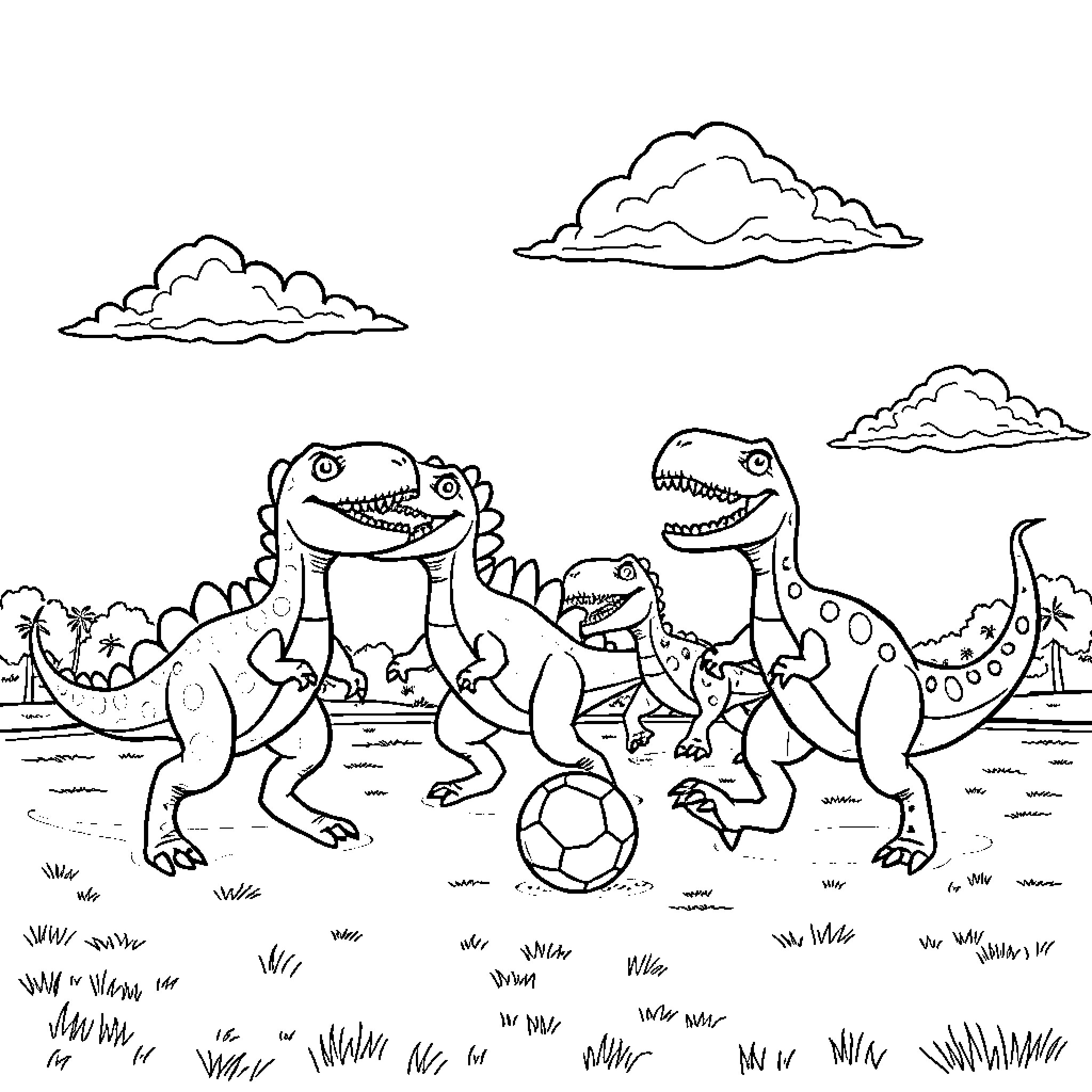 Dinosaurs playing soccer in a lush landscape Coloring Page (free black-and-white line drawing printable PDF for all, from beginners to advanced learners, including children, teens, adults, and seniors)