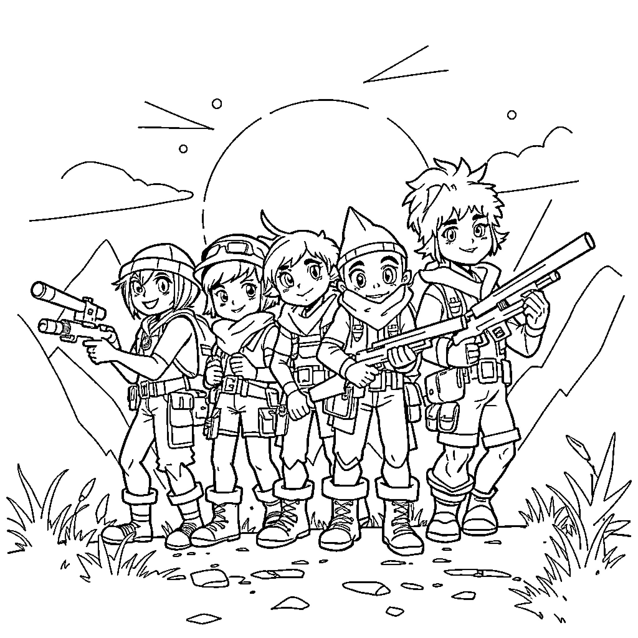 Huntrix Squad Ready for Adventure Coloring Page (free black-and-white line drawing printable PDF for all, from beginners to advanced learners, including children, teens, adults, and seniors)