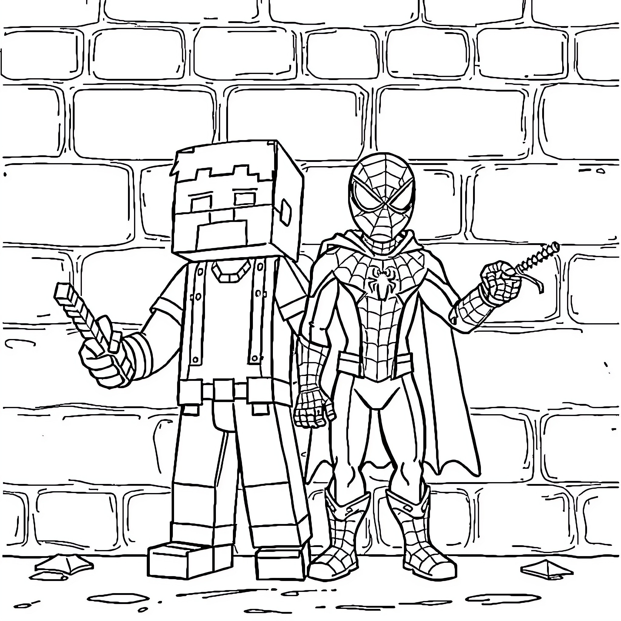 Spider-Man meets a Minecraft character in a brick alley Coloring Page (free black-and-white line drawing printable PDF for all, from beginners to advanced learners, including children, teens, adults, and seniors)