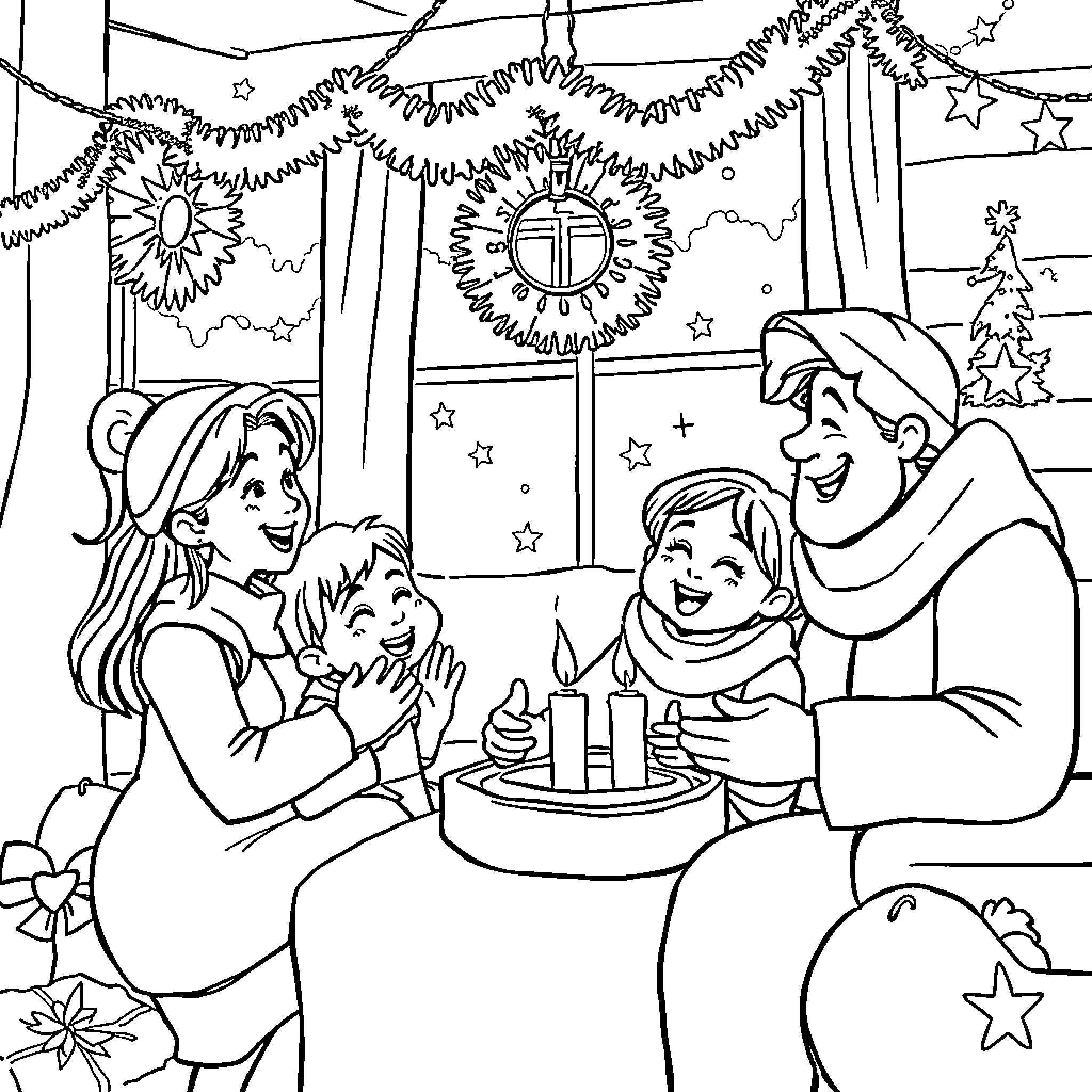 Christmas Story: Family Celebrating with Cake and Decorations Coloring Page (free black-and-white line drawing printable PDF for all, from beginners to advanced learners, including children, teens, adults, and seniors)