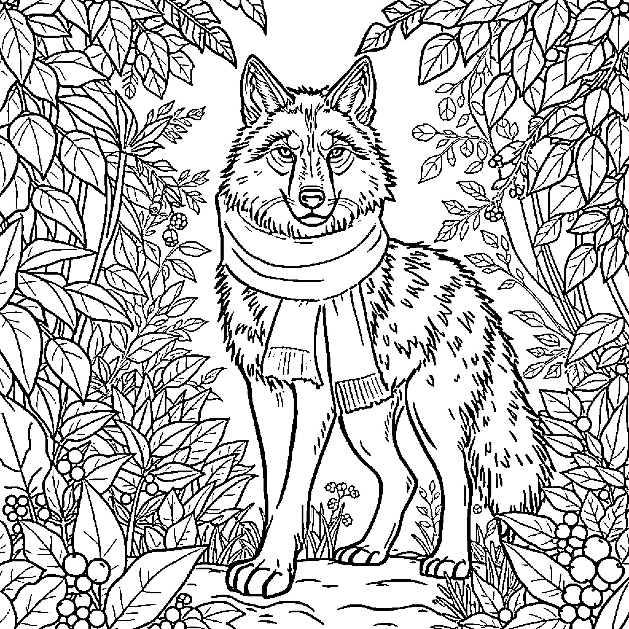 Wolf enjoying the tranquil forest scenery Coloring Page (free black-and-white line drawing printable PDF for all, from beginners to advanced learners, including children, teens, adults, and seniors)
