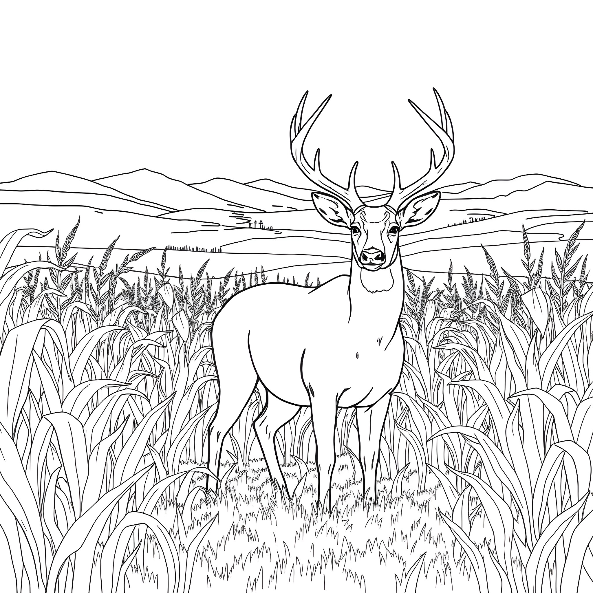 Whitetail Buck Standing in Grassy Field Coloring Page (free black-and-white line drawing printable PDF for all, from beginners to advanced learners, including children, teens, adults, and seniors)