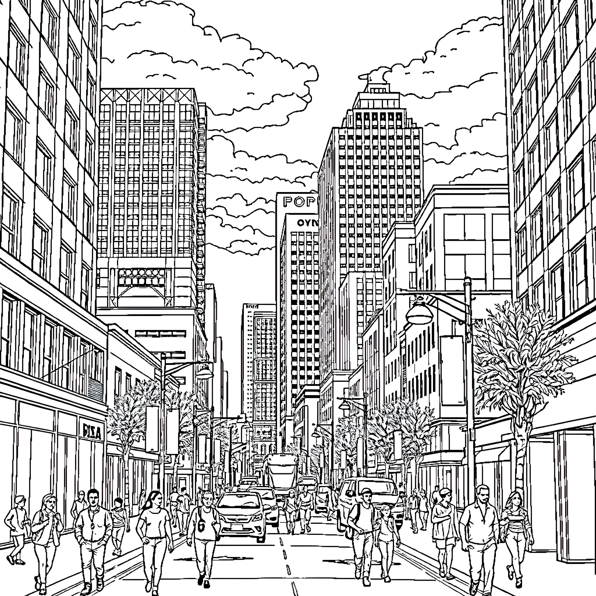Chattanooga: Bustling Urban Cityscape with Pedestrians Coloring Page (free black-and-white line drawing printable PDF for all, from beginners to advanced learners, including children, teens, adults, and seniors)