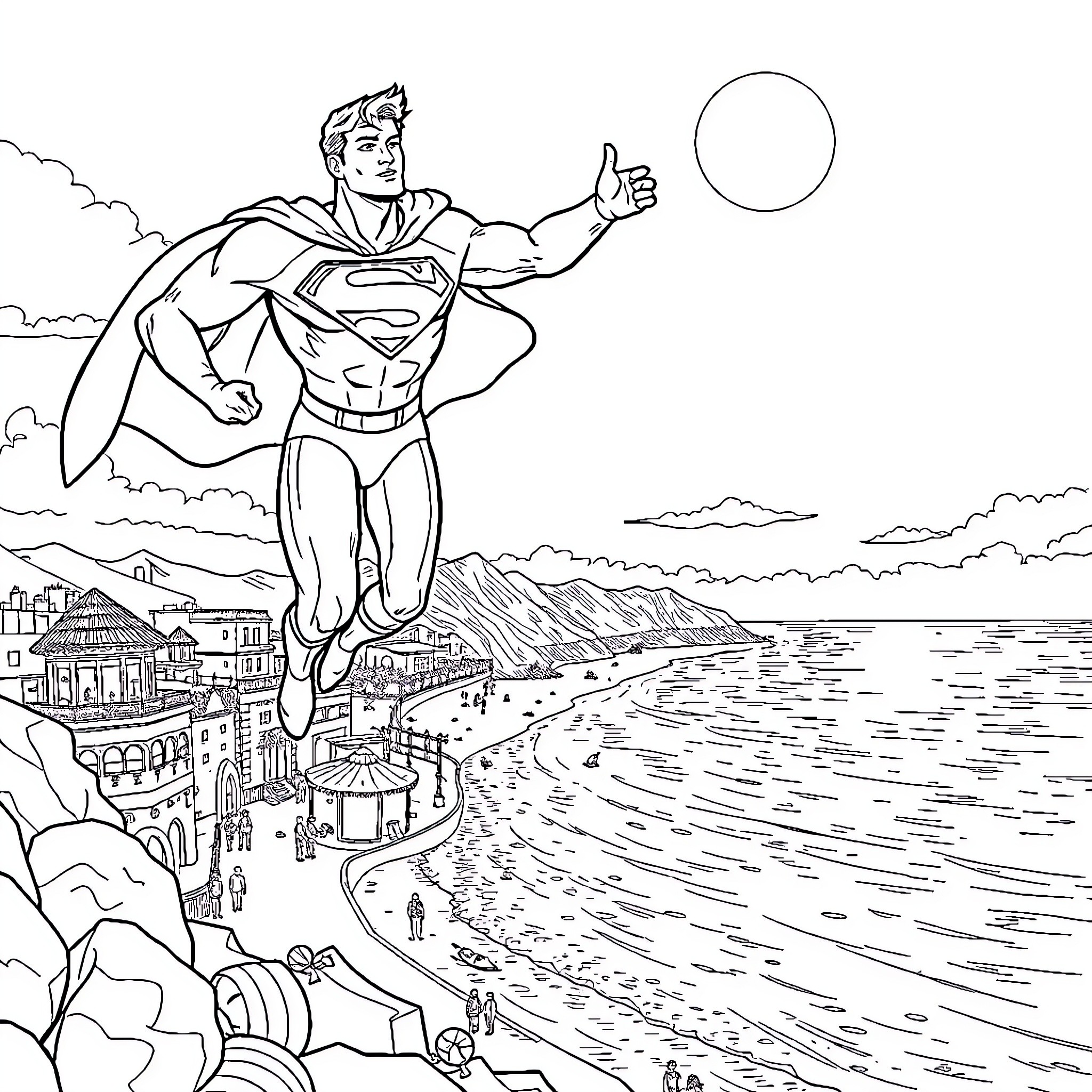 Superman soaring over a coastal town Coloring Page (free black-and-white line drawing printable PDF for all, from beginners to advanced learners, including children, teens, adults, and seniors)