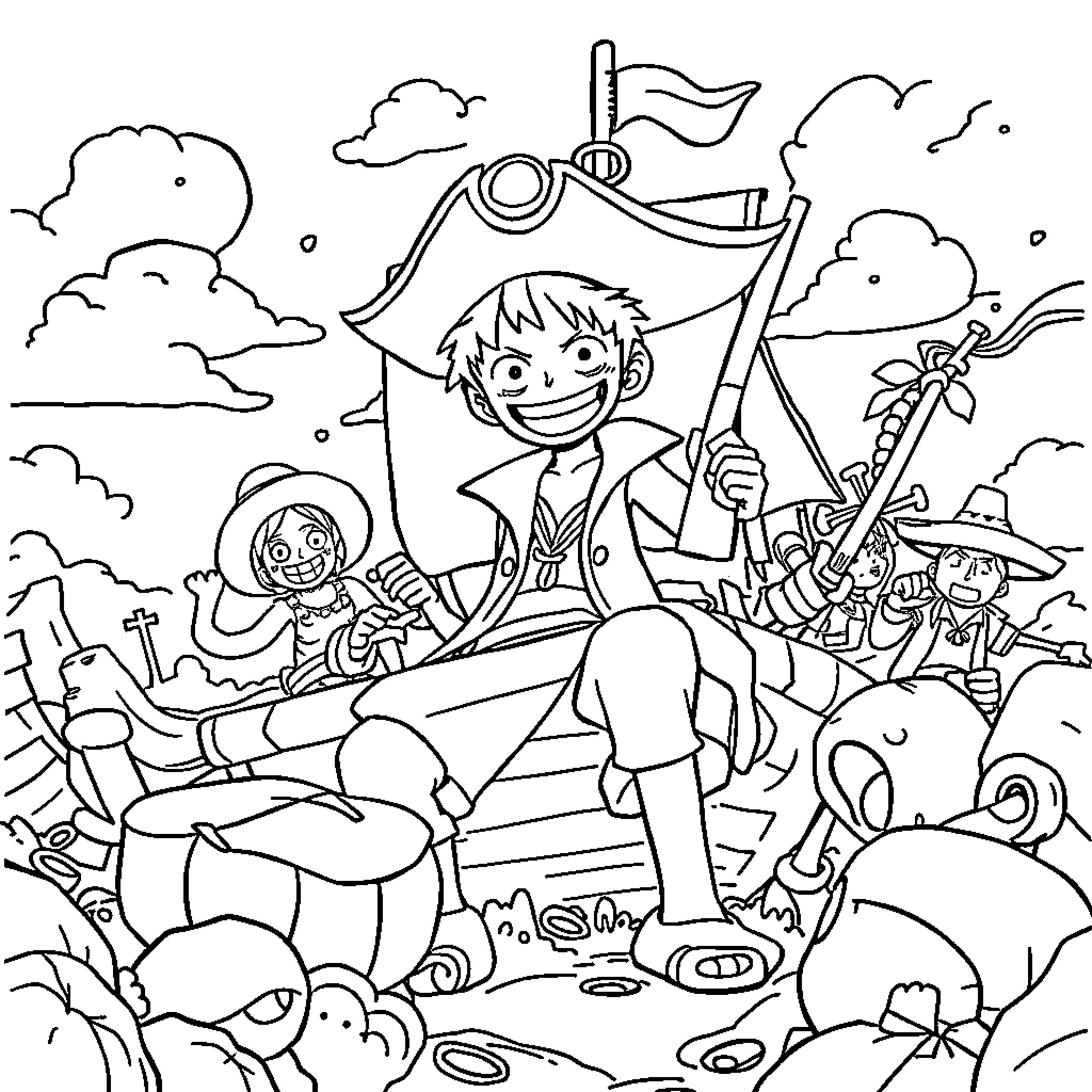 One Piece: Pirate Crew's Adventurous Voyage Coloring Page (free black-and-white line drawing printable PDF for all, from beginners to advanced learners, including children, teens, adults, and seniors)