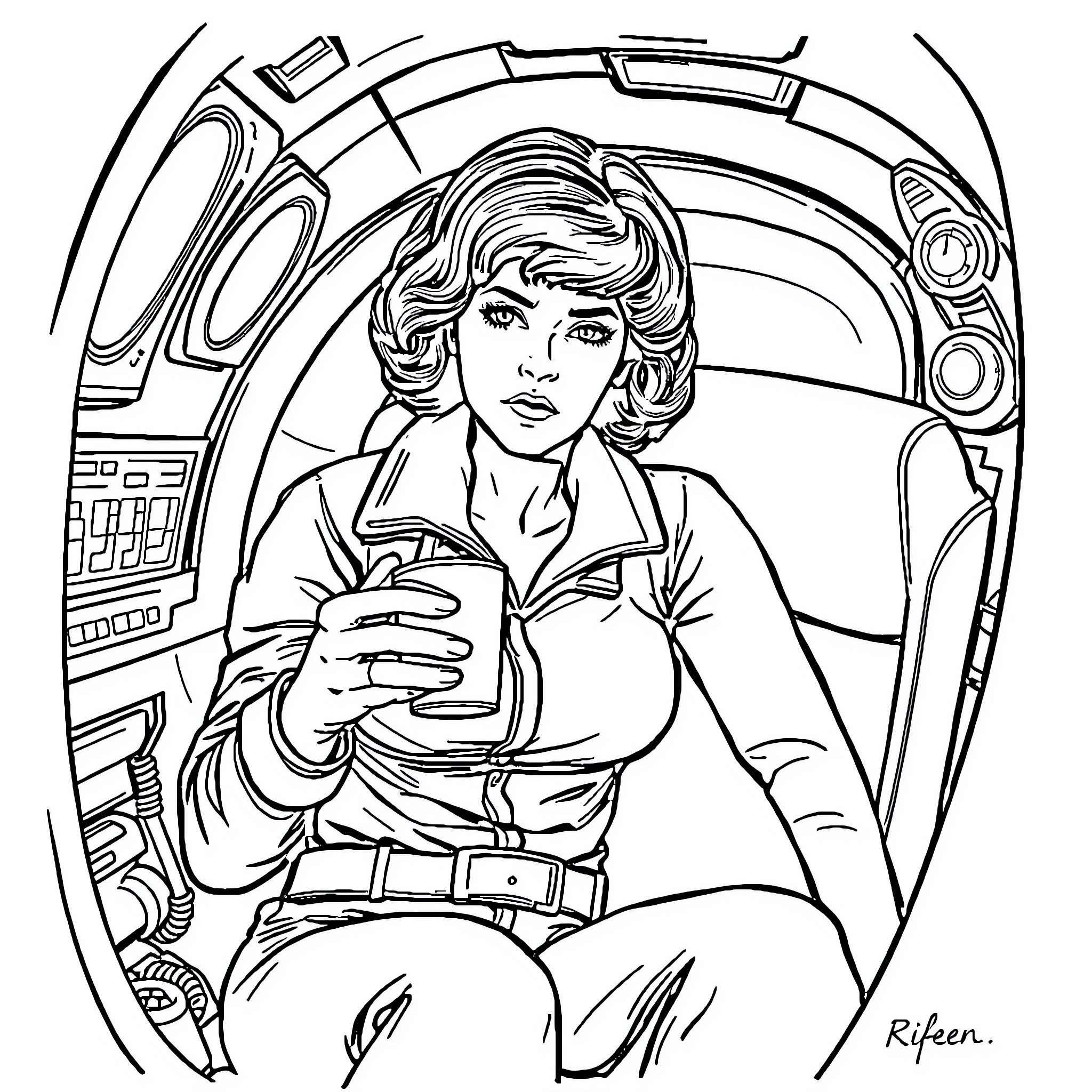 Ripley's Tense Exploration in the Futuristic Spacecraft Coloring Page (free black-and-white line drawing printable PDF for all, from beginners to advanced learners, including children, teens, adults, and seniors)