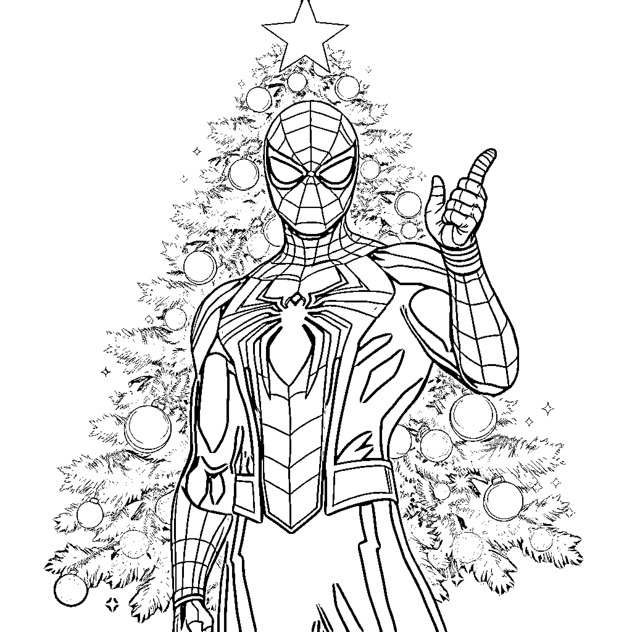 Spiderman posing by the Christmas tree Coloring Page (free black-and-white line drawing printable PDF for all, from beginners to advanced learners, including children, teens, adults, and seniors)