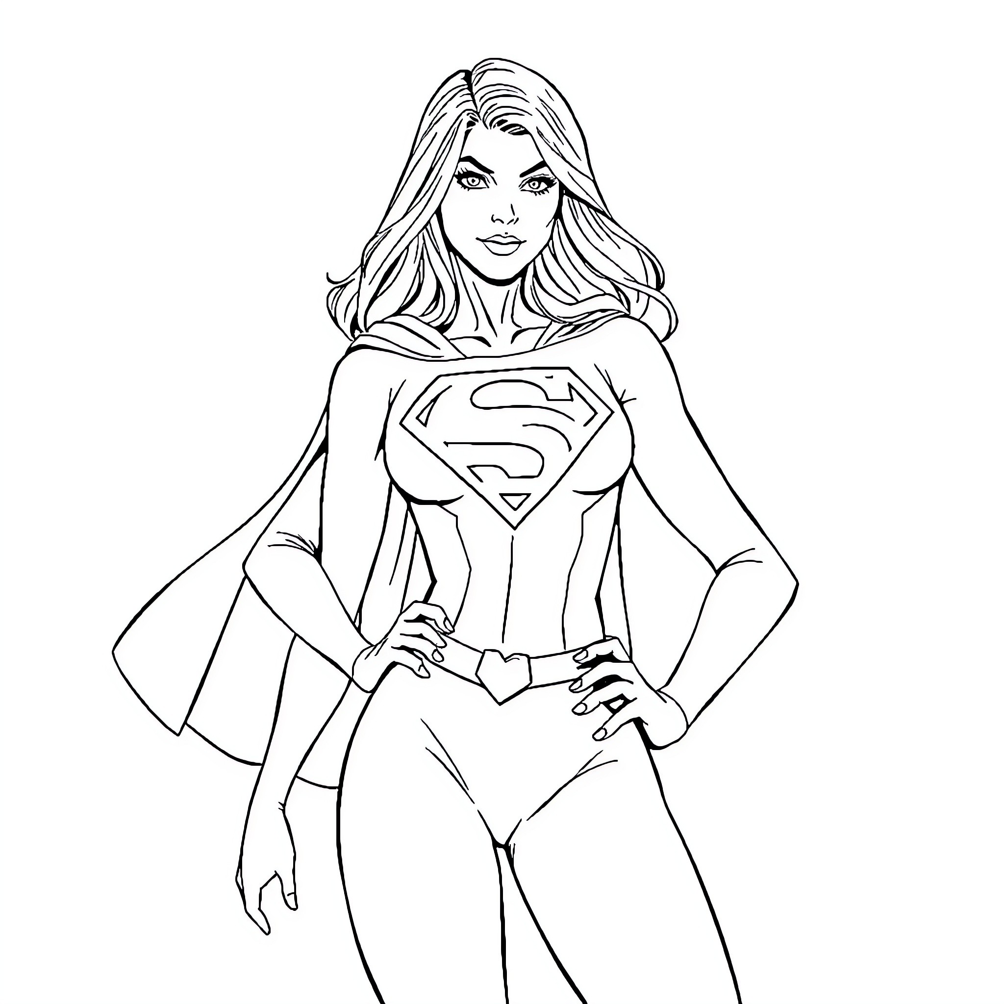 Supergirl in heroic pose with cape and 'S' emblem Coloring Page (free black-and-white line drawing printable PDF for all, from beginners to advanced learners, including children, teens, adults, and seniors)