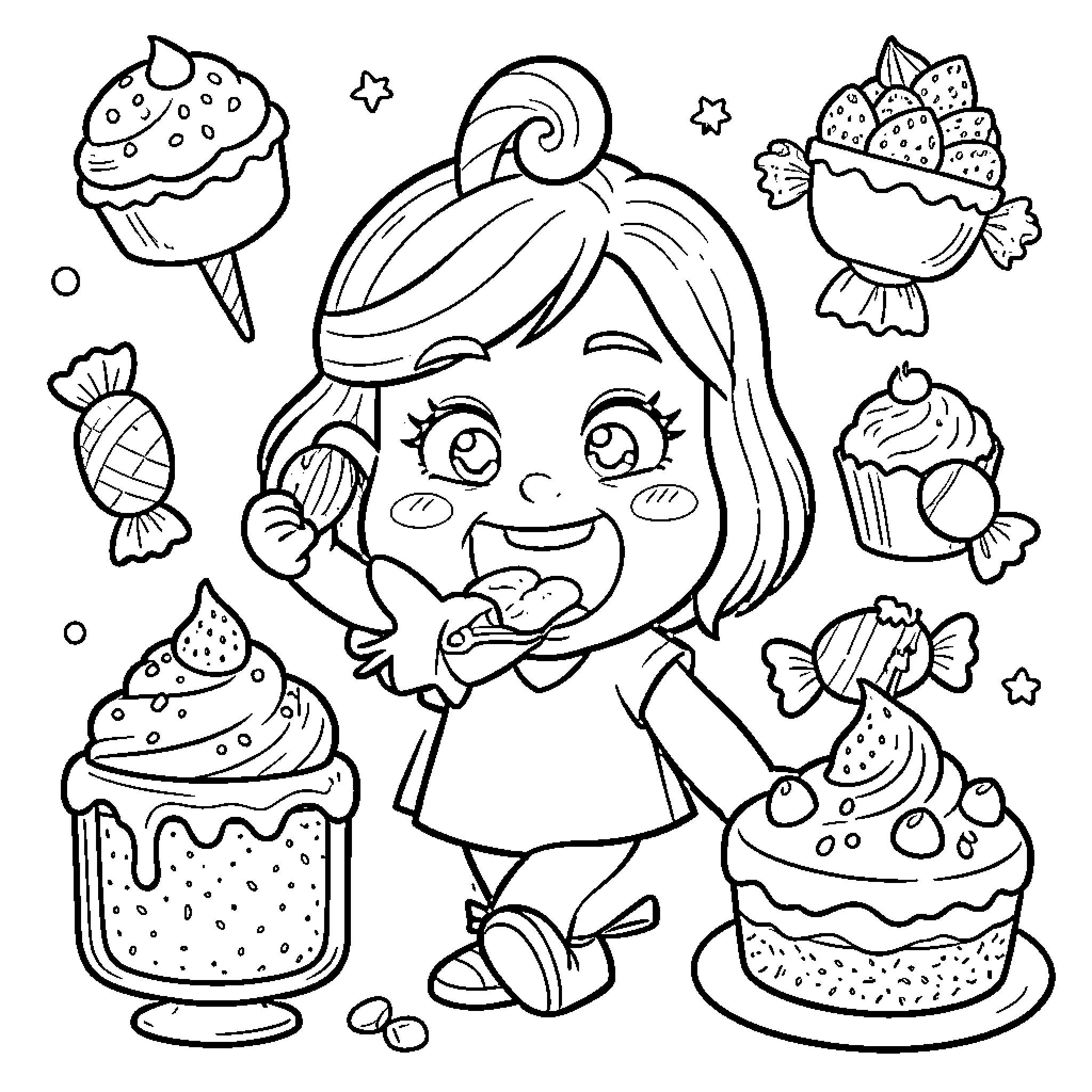 Sweet Tooth Girl Enjoying Delicious Desserts Coloring Page (free black-and-white line drawing printable PDF for all, from beginners to advanced learners, including children, teens, adults, and seniors)