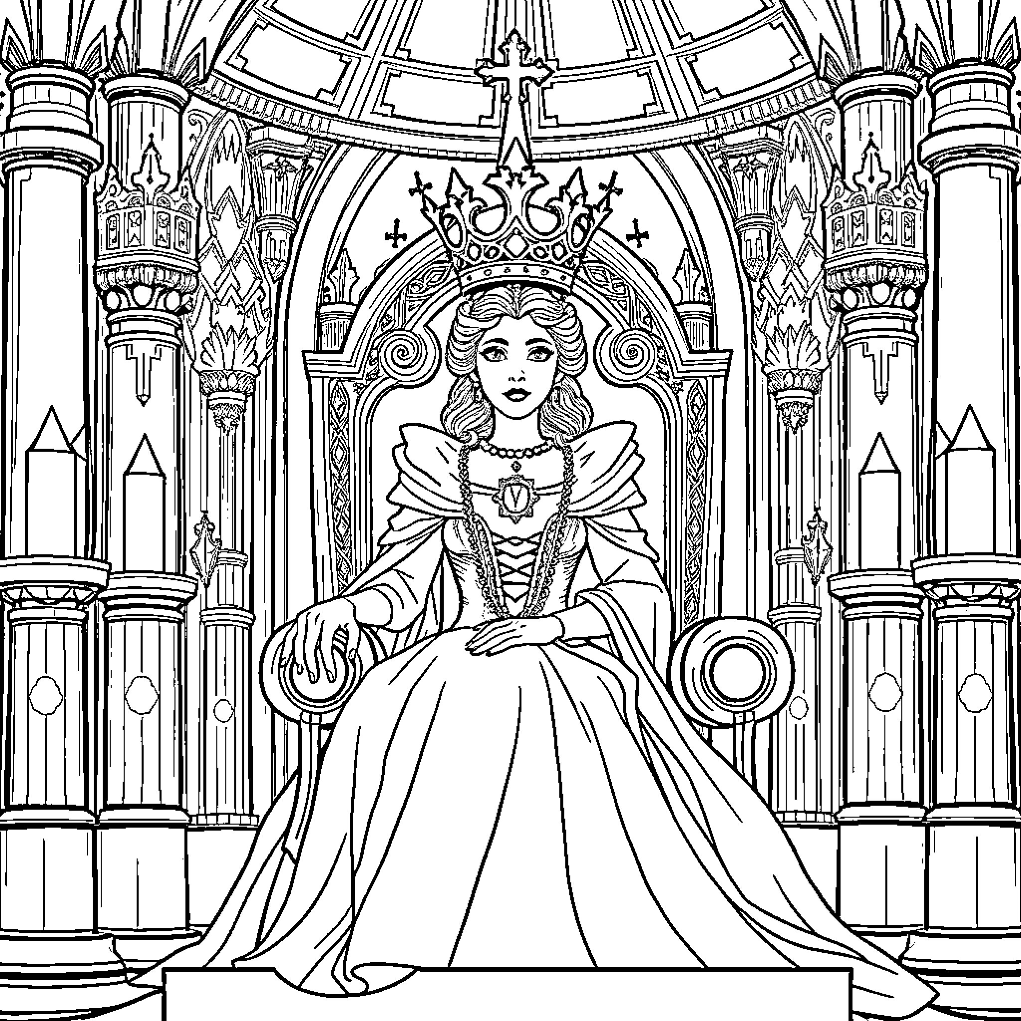 Queen Seated on an Ornate Throne in an Elaborate Chamber Coloring Page (free black-and-white line drawing printable PDF for all, from beginners to advanced learners, including children, teens, adults, and seniors)