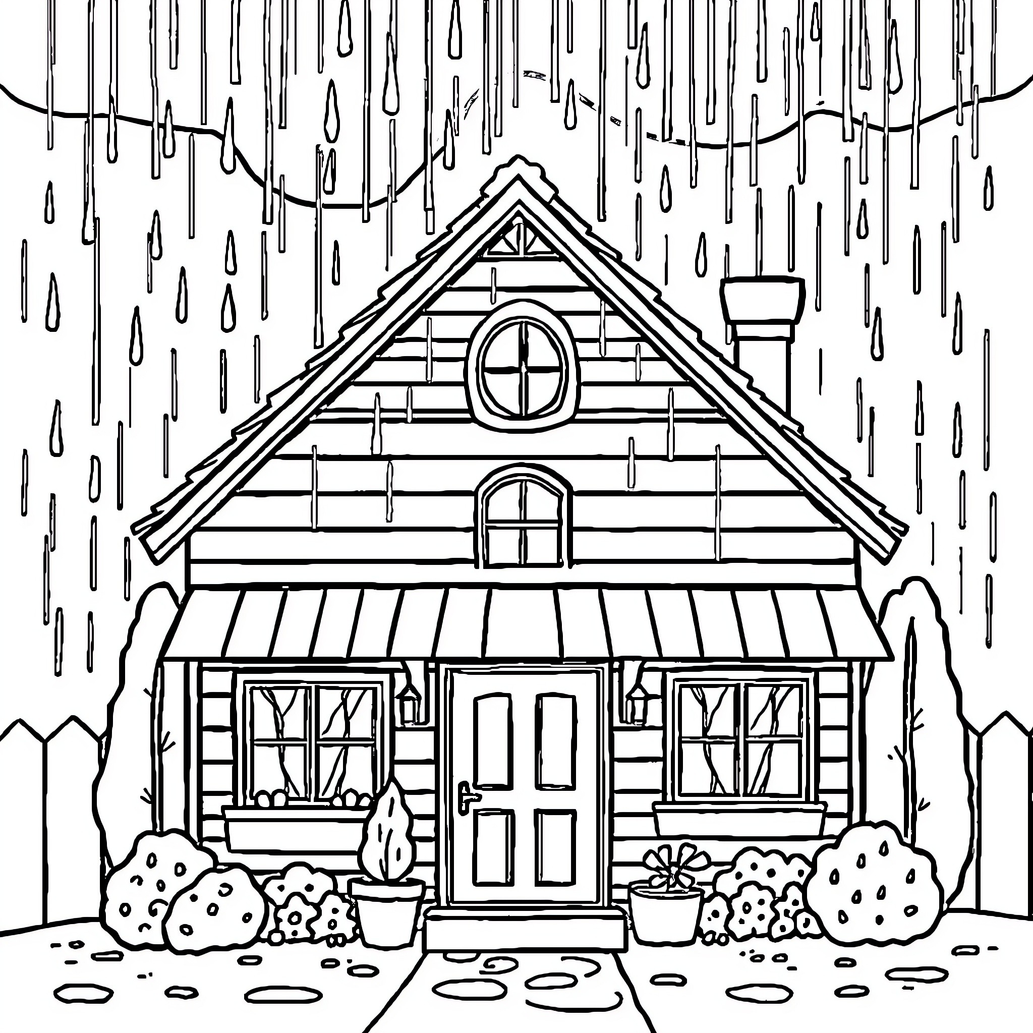 House Under Heavy Rainstorm Coloring Page (free black-and-white line drawing printable PDF for all, from beginners to advanced learners, including children, teens, adults, and seniors)