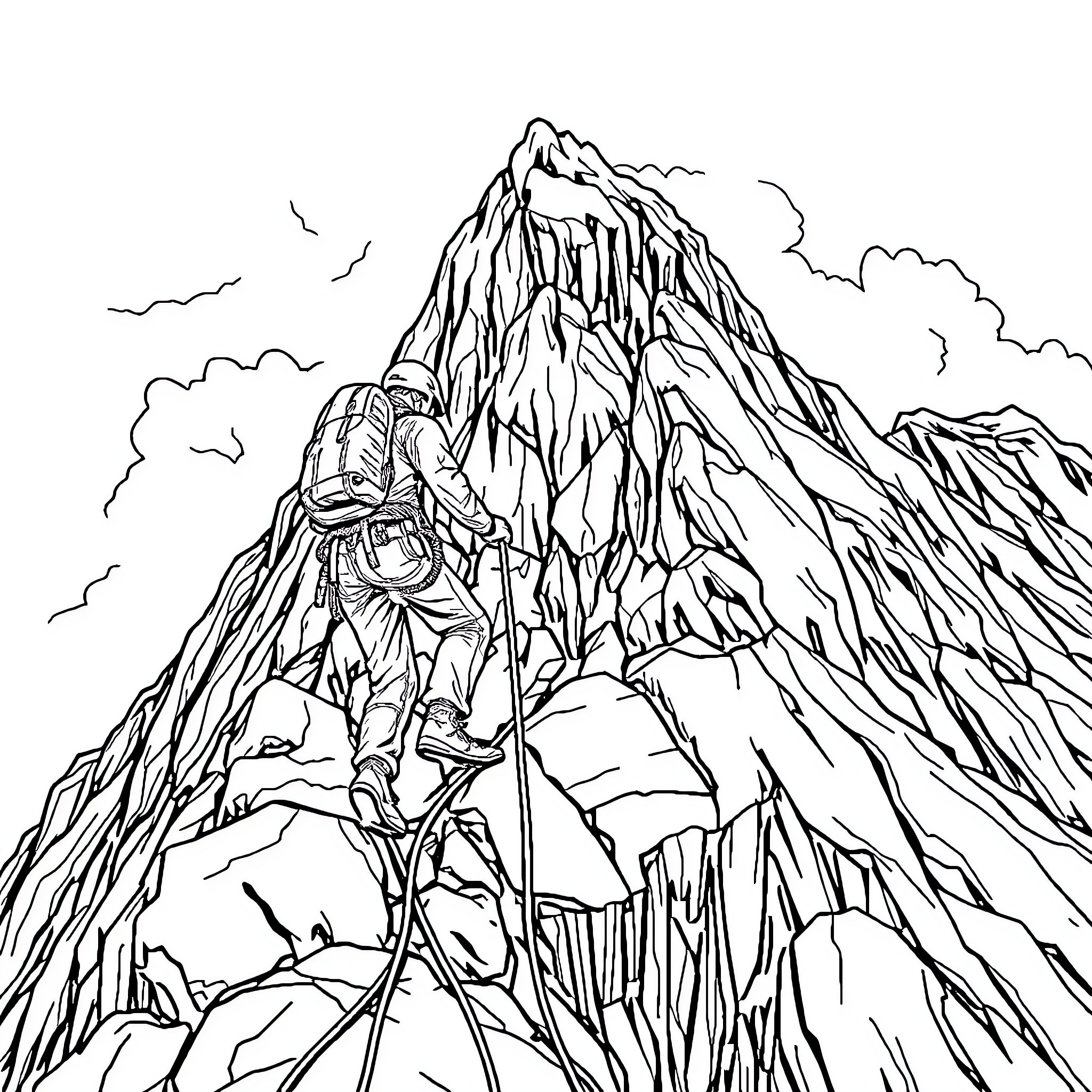 Climbing the Rugged Mountain Terrain Coloring Page (free black-and-white line drawing printable PDF for all, from beginners to advanced learners, including children, teens, adults, and seniors)