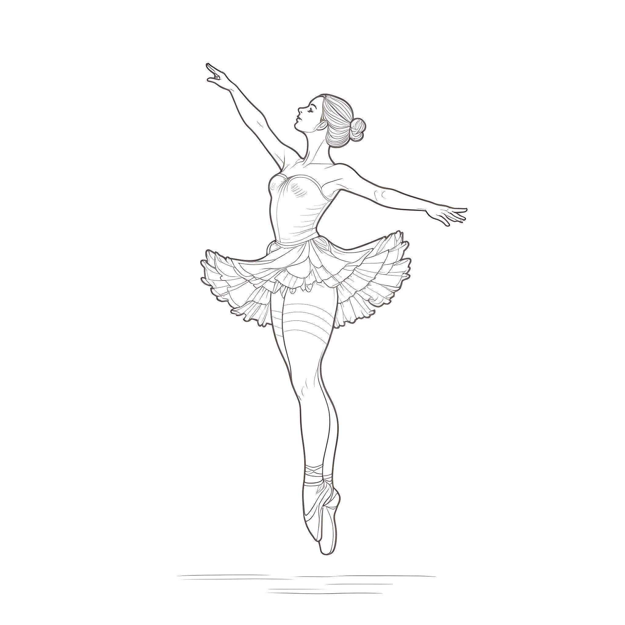Ballerina in graceful dance pose Coloring Page (free black-and-white line drawing printable PDF for all, from beginners to advanced learners, including children, teens, adults, and seniors)