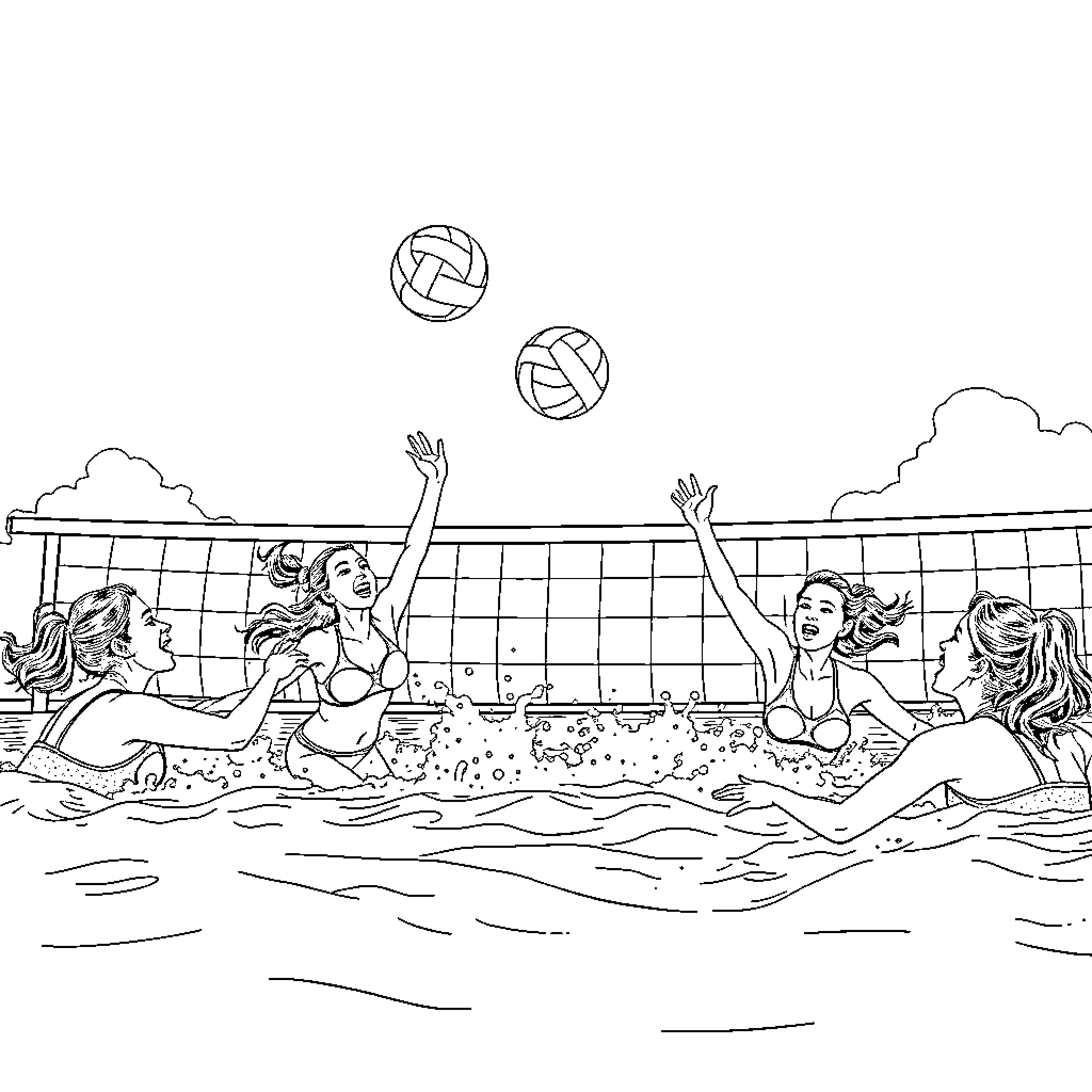 Women playing volleyball in a pool Coloring Page (free black-and-white line drawing printable PDF for all, from beginners to advanced learners, including children, teens, adults, and seniors)