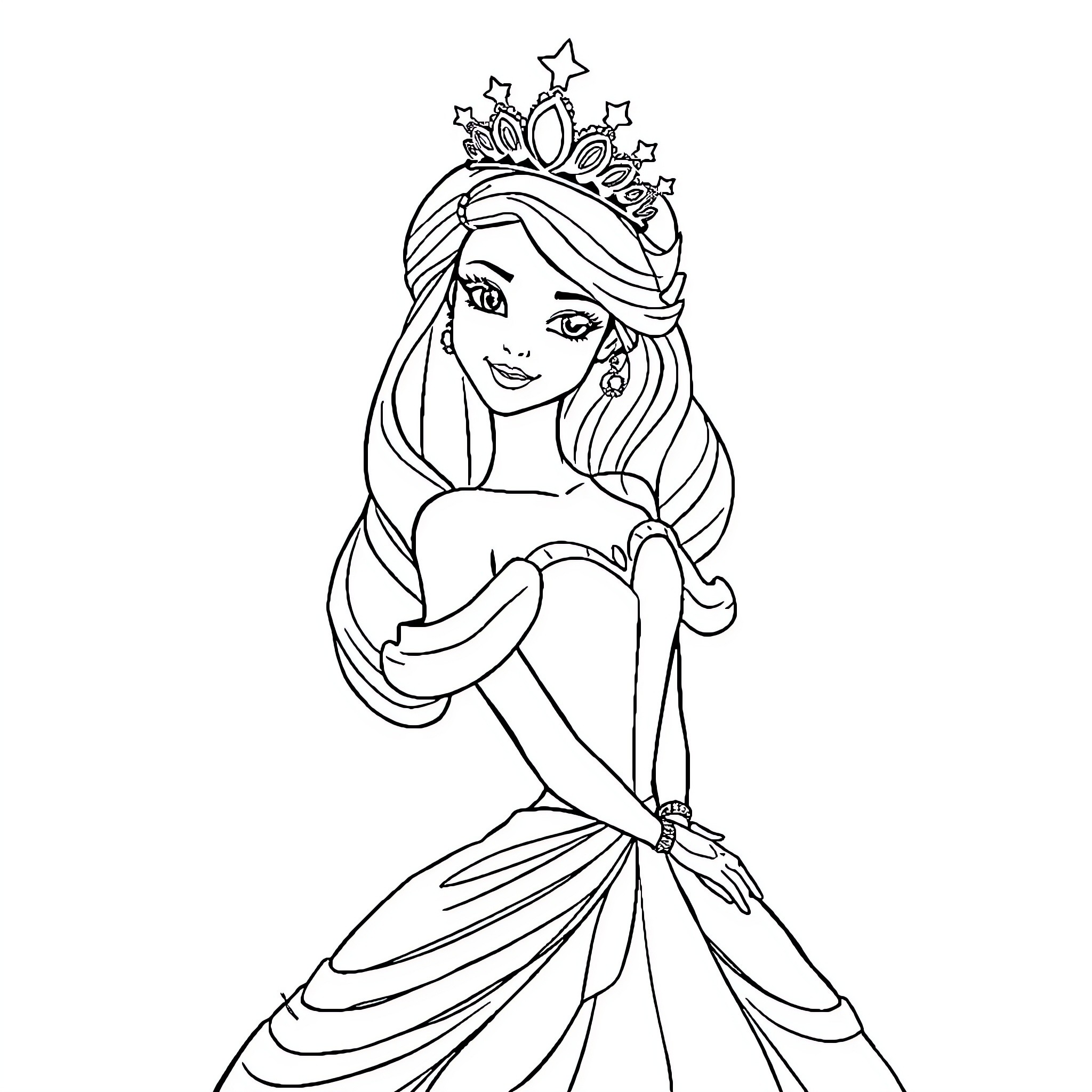 Princess in Elegant Gown and Tiara Coloring Page (free black-and-white line drawing printable PDF for all, from beginners to advanced learners, including children, teens, adults, and seniors)
