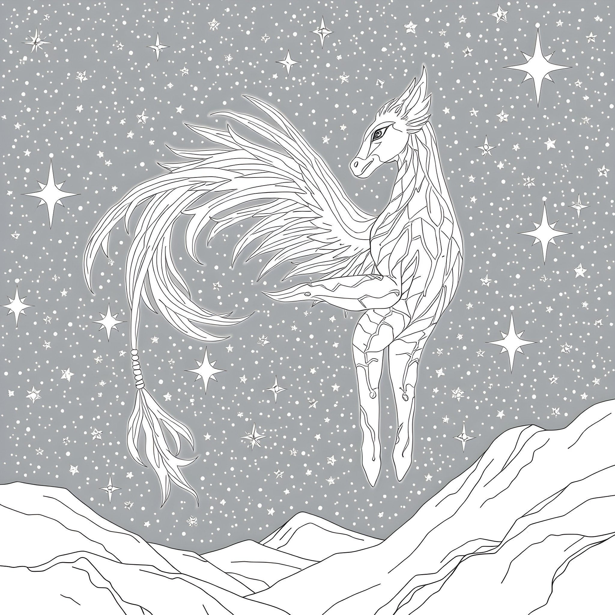 Uktena, the Majestic Celestial Creature Soaring Amidst the Stars Coloring Page (free black-and-white line drawing printable PDF for all, from beginners to advanced learners, including children, teens, adults, and seniors)