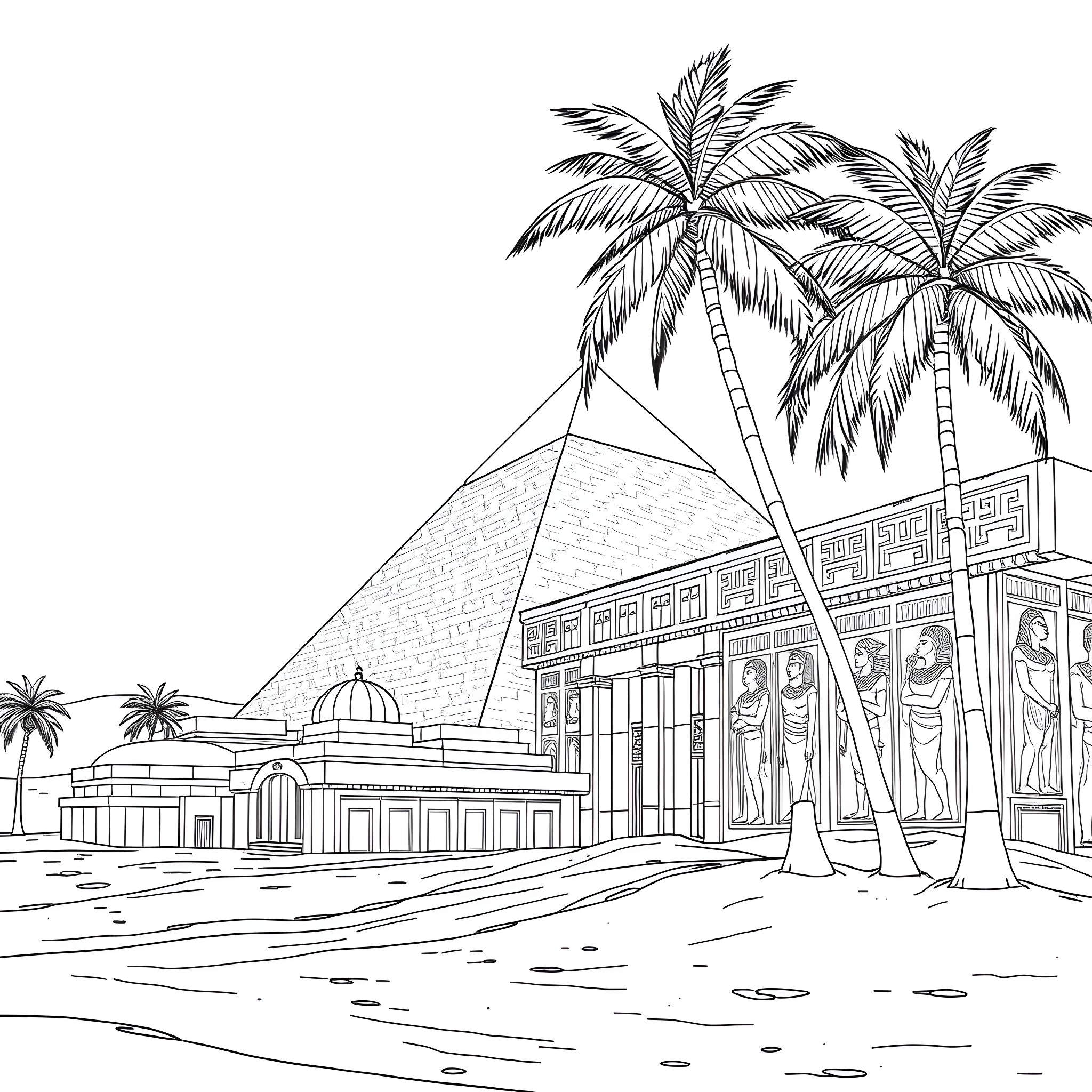 Pyramid with Ancient Egyptian Architectural Elements Coloring Page (free black-and-white line drawing printable PDF for all, from beginners to advanced learners, including children, teens, adults, and seniors)