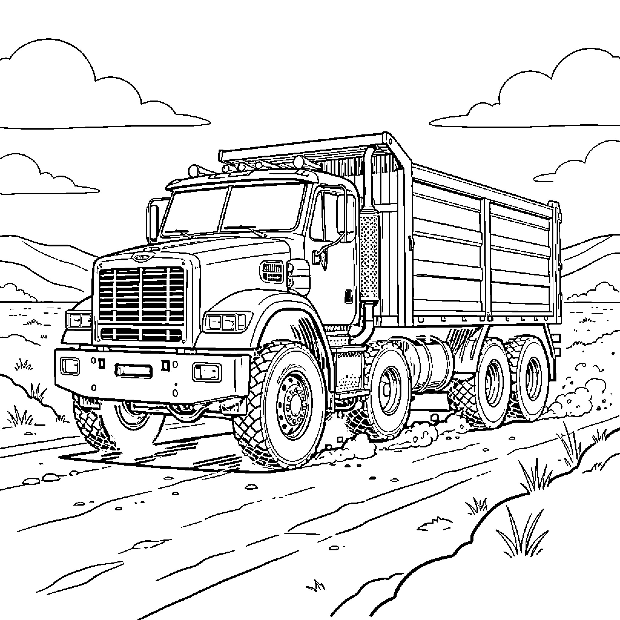 Dually Truck Hauling Cargo on Rugged Terrain Coloring Page (free black-and-white line drawing printable PDF for all, from beginners to advanced learners, including children, teens, adults, and seniors)