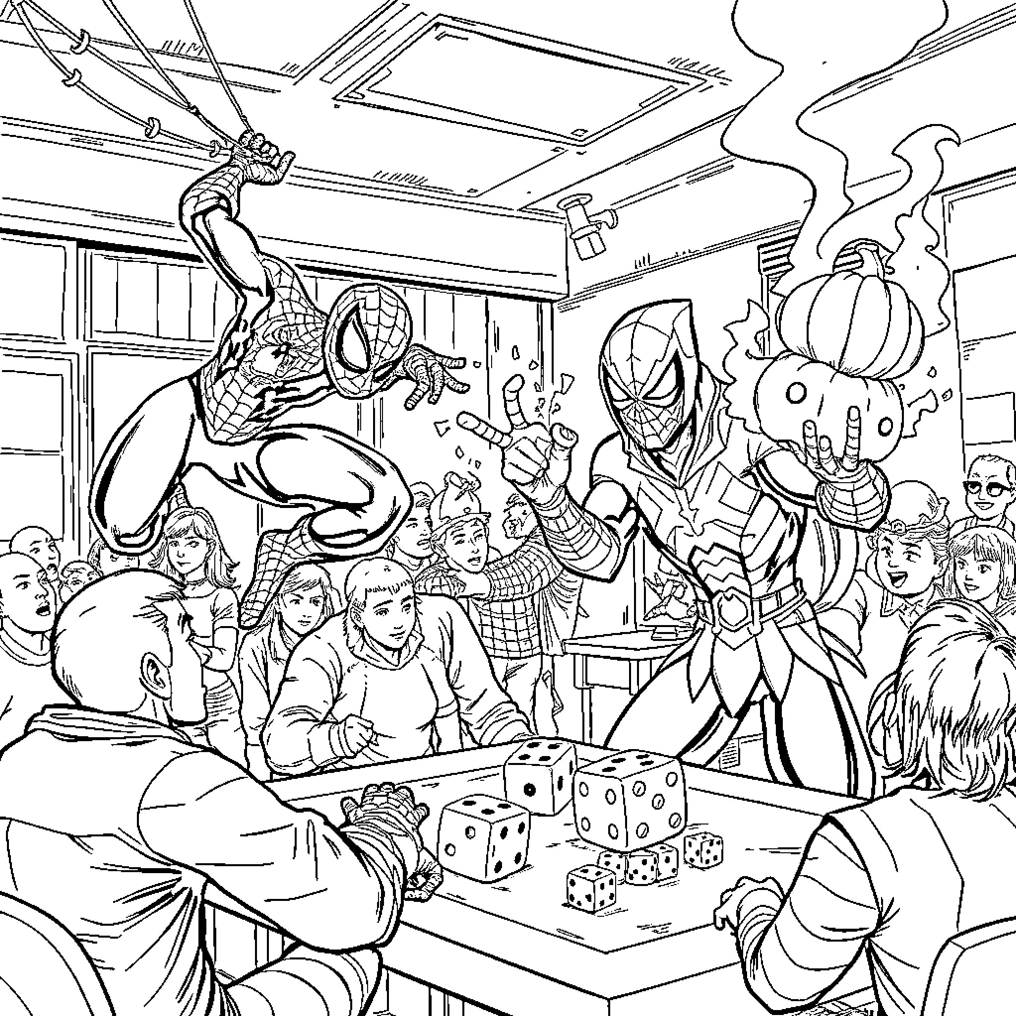 Spider-Man in action-packed adventure with superheroes Coloring Page (free black-and-white line drawing printable PDF for all, from beginners to advanced learners, including children, teens, adults, and seniors)