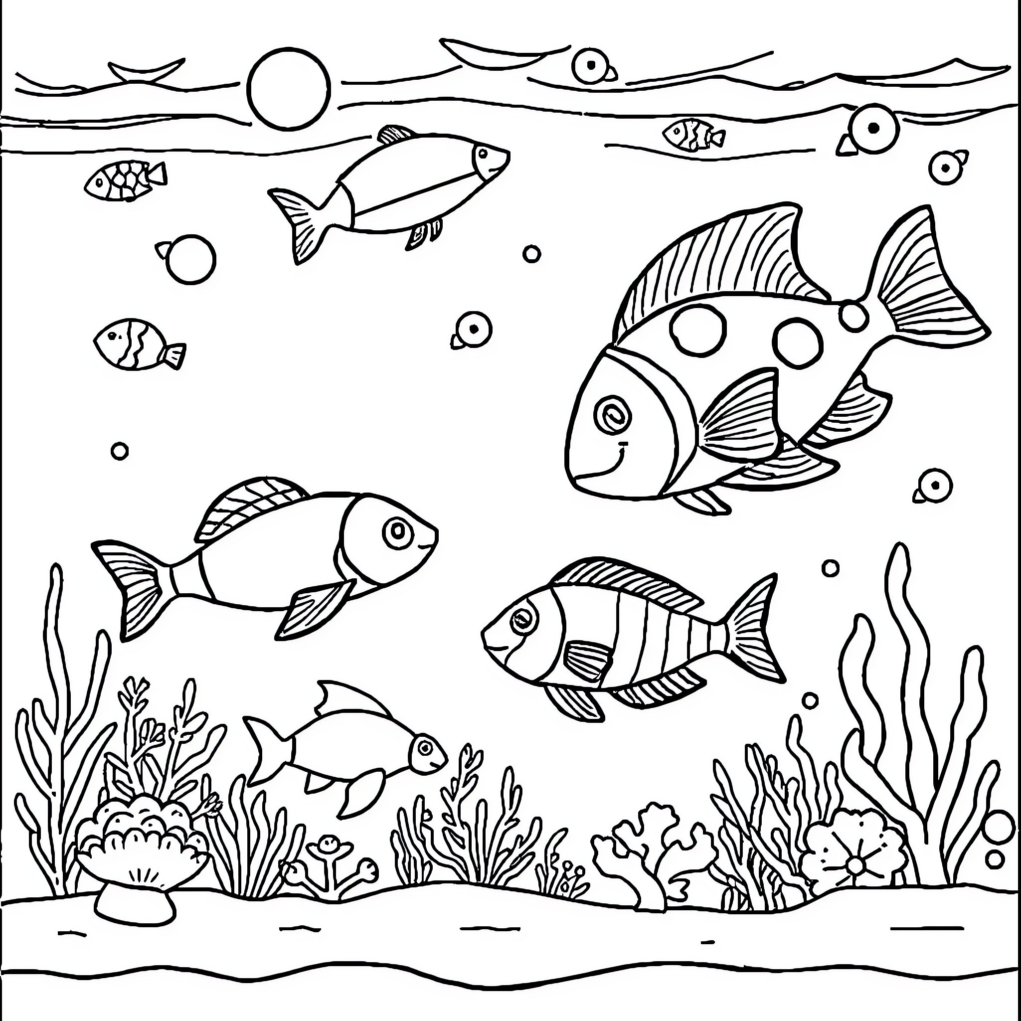Sea Animals Swimming in the Ocean Coloring Page (free black-and-white line drawing printable PDF for all, from beginners to advanced learners, including children, teens, adults, and seniors)
