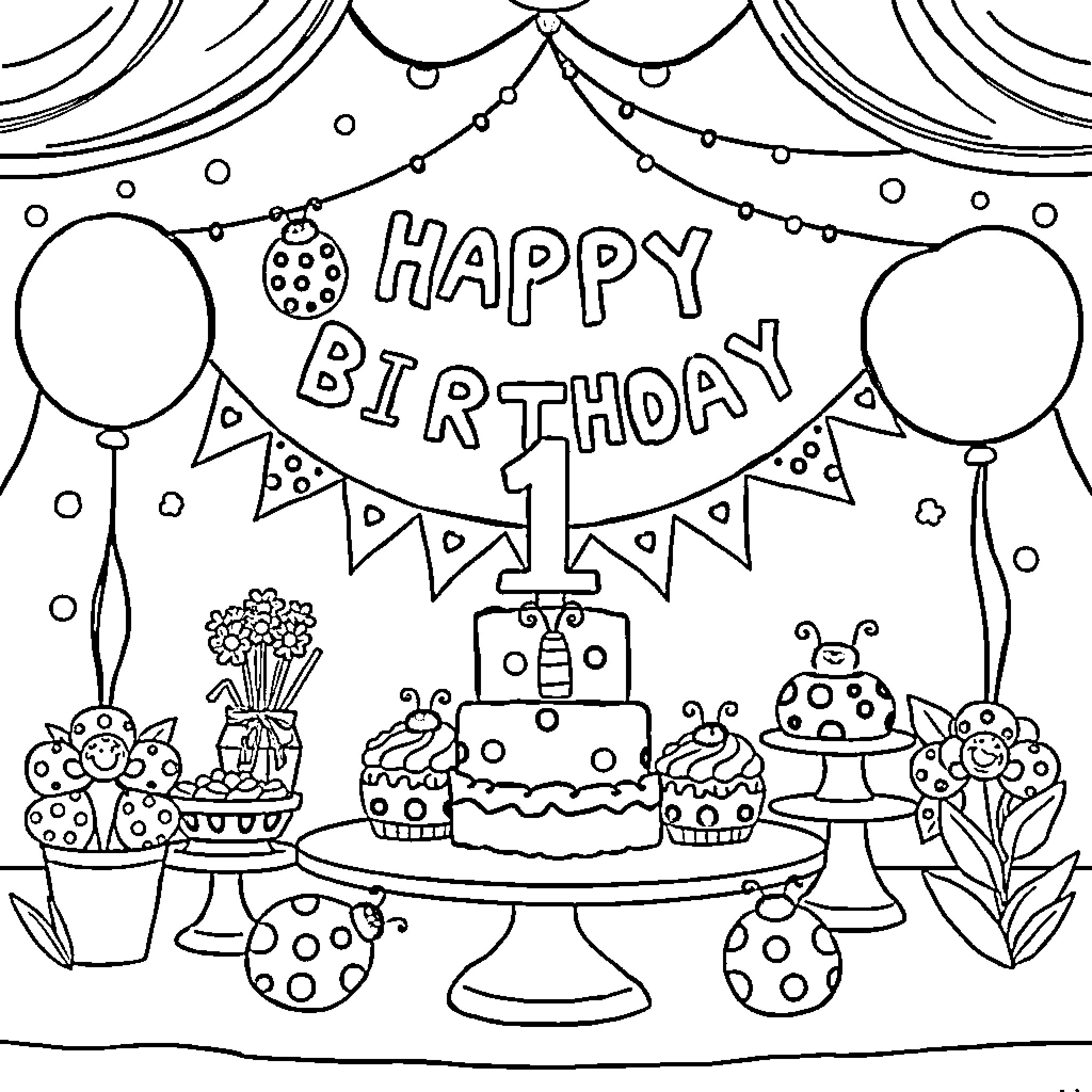 Ladybug celebrating a first birthday party Coloring Page (free black-and-white line drawing printable PDF for all, from beginners to advanced learners, including children, teens, adults, and seniors)
