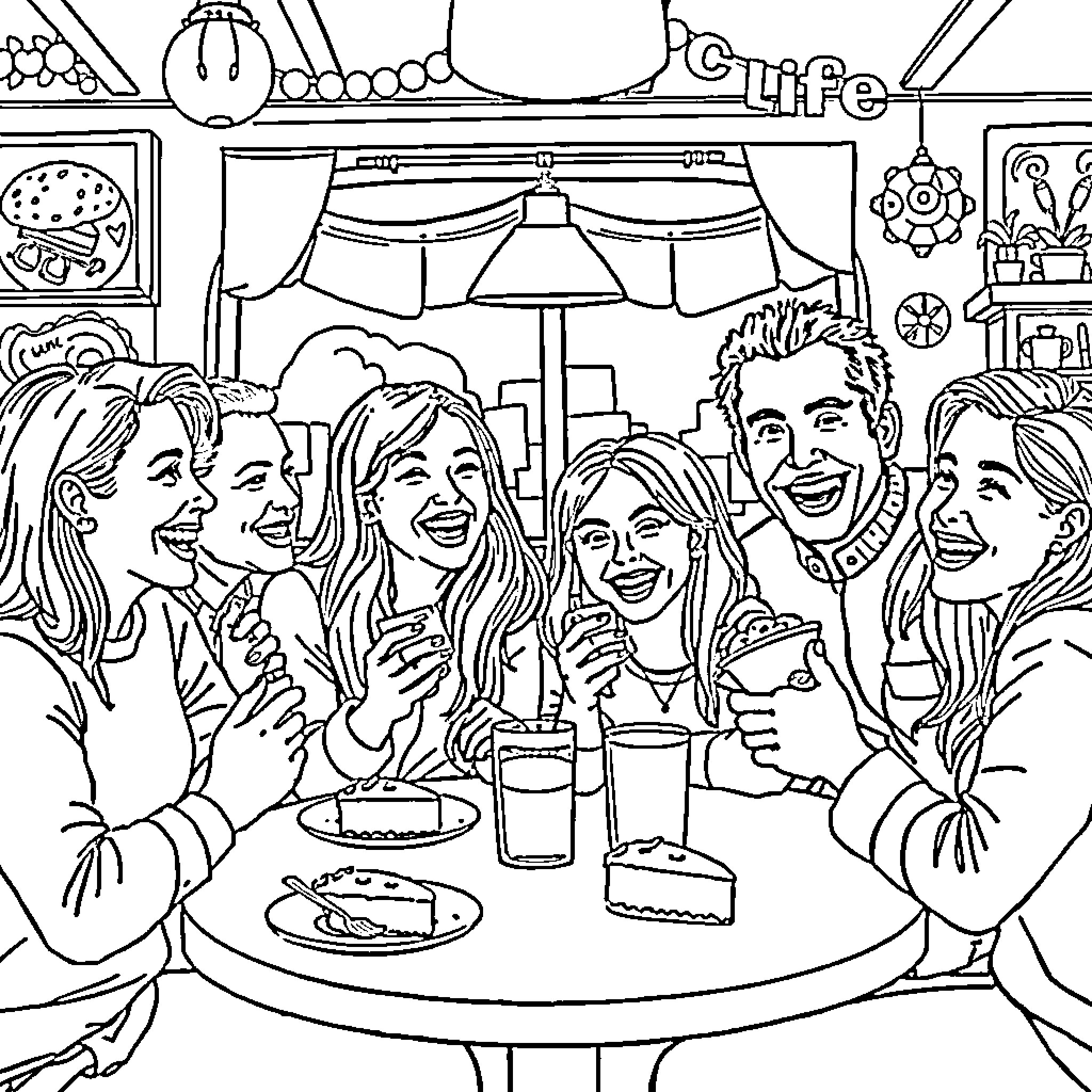 Friends enjoying a gathering with laughter and drinks Coloring Page (free black-and-white line drawing printable PDF for all, from beginners to advanced learners, including children, teens, adults, and seniors)