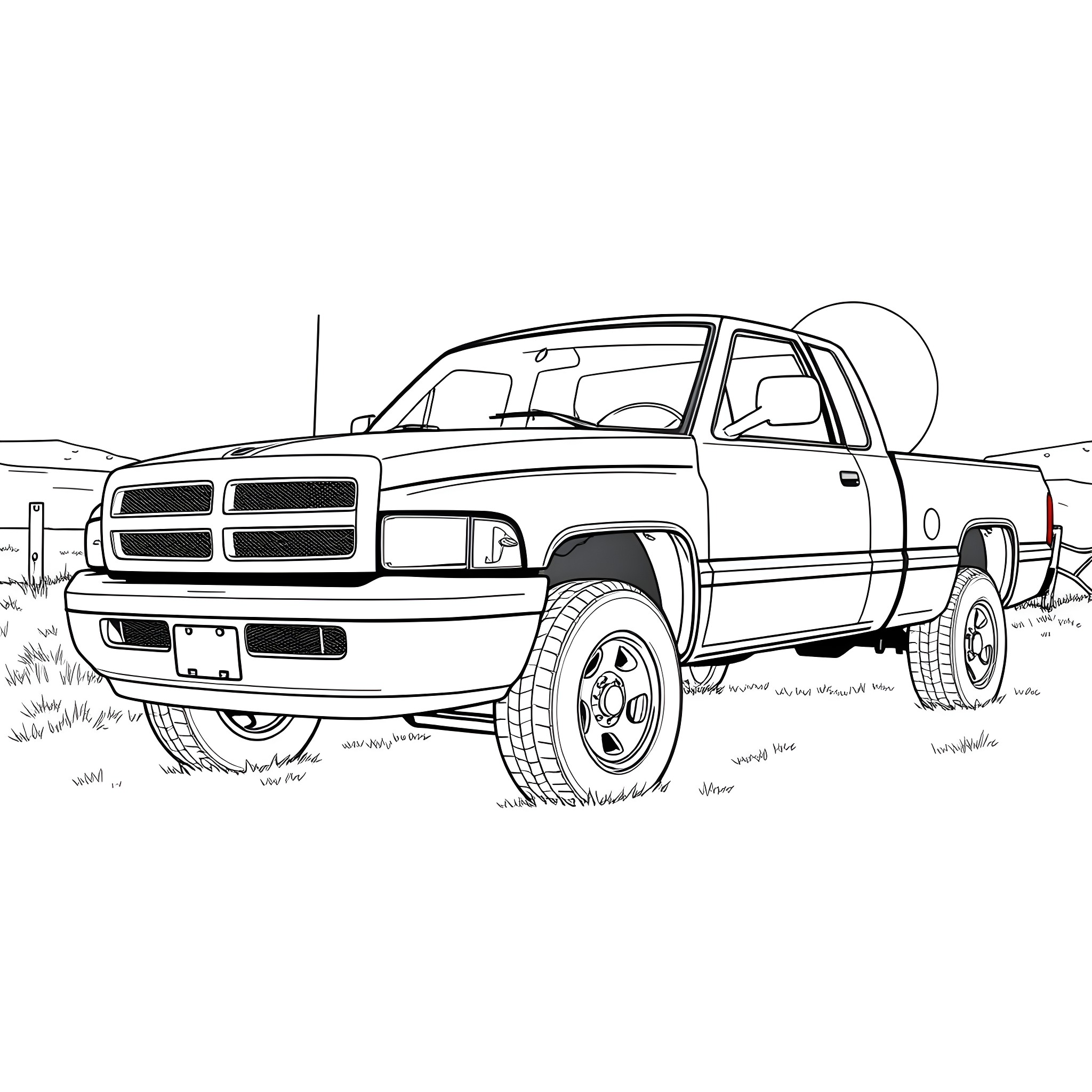 Ram truck in outdoor setting Coloring Page (free black-and-white line drawing printable PDF for all, from beginners to advanced learners, including children, teens, adults, and seniors)