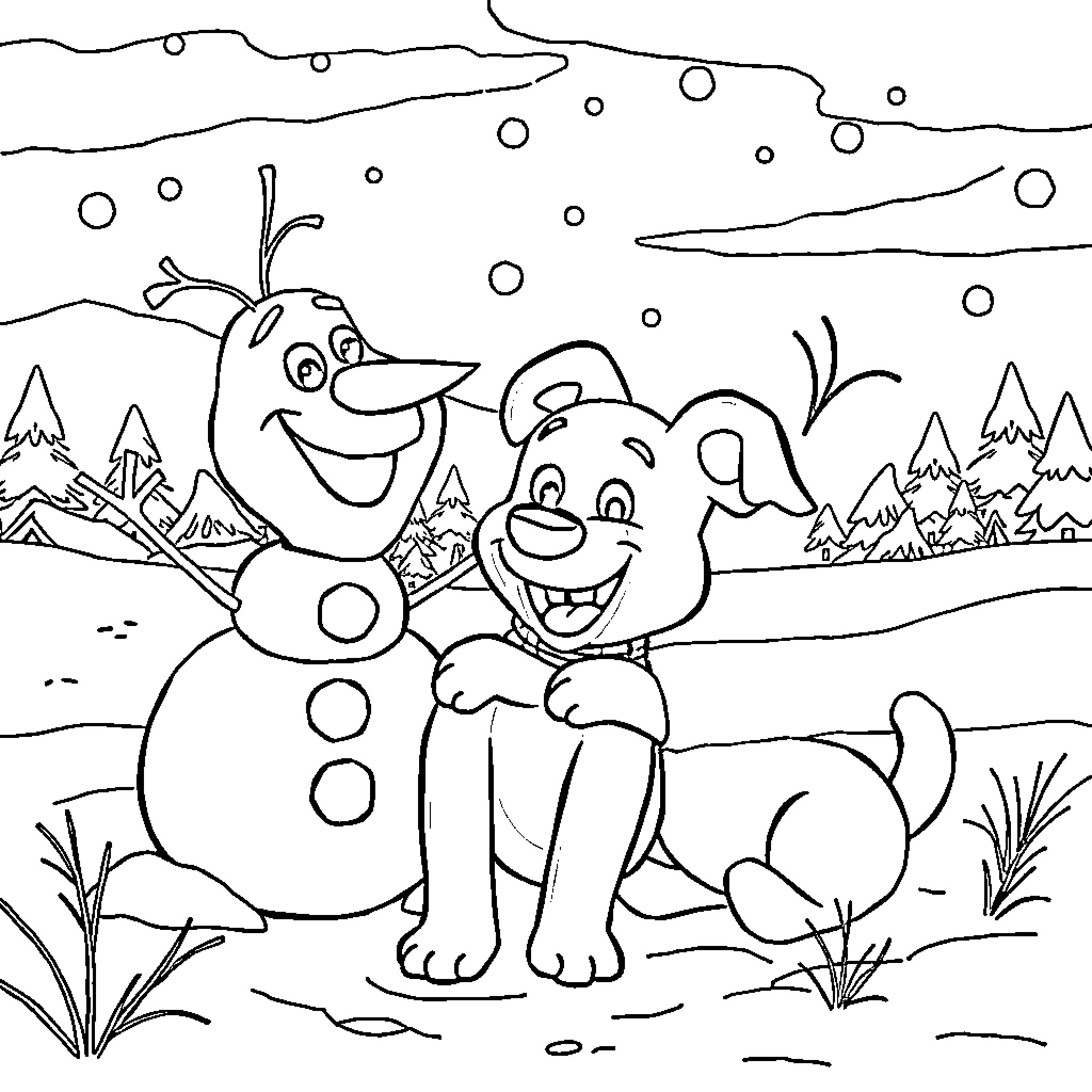 Bluey and Olaf Playing in the Snow Coloring Page (free black-and-white line drawing printable PDF for all, from beginners to advanced learners, including children, teens, adults, and seniors)