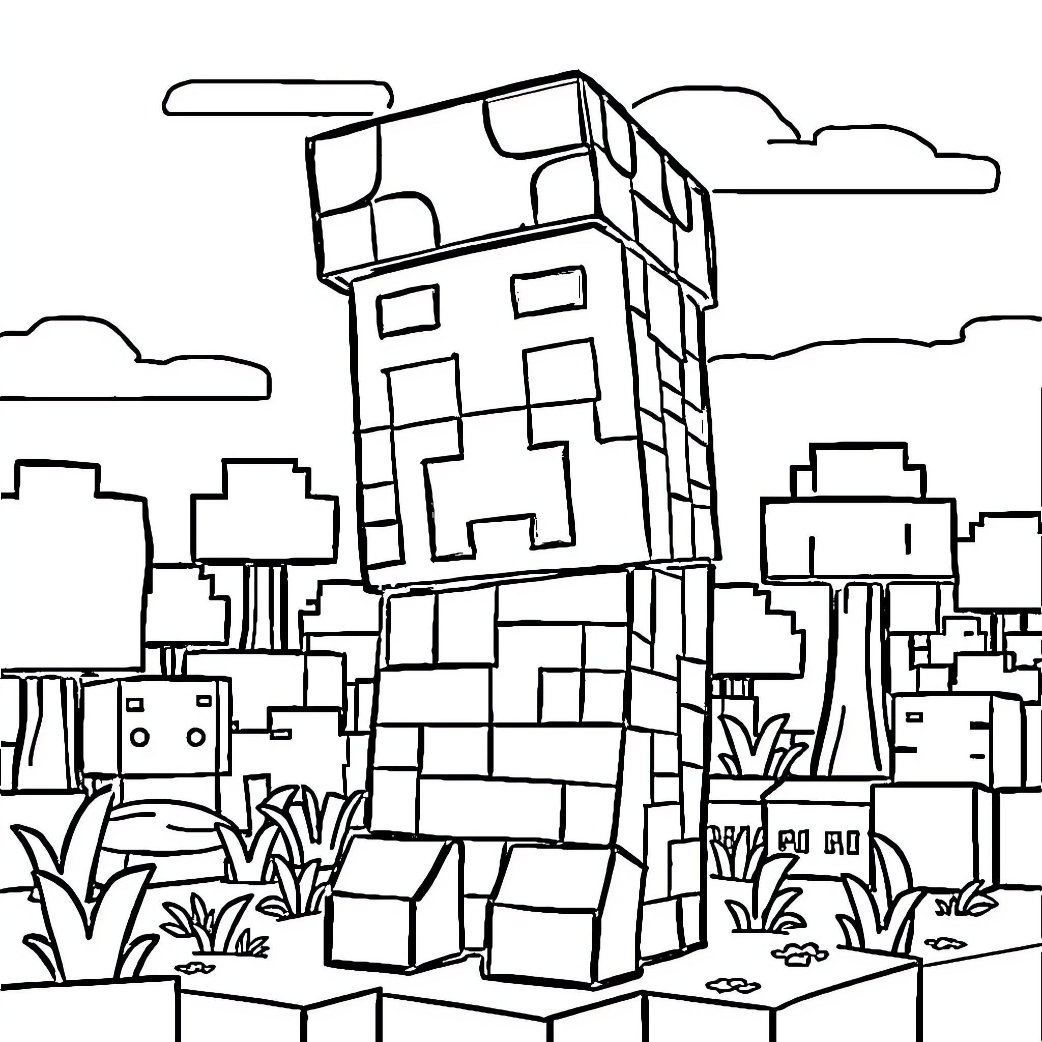 Creeper emerging from pixelated cityscape Coloring Page (free black-and-white line drawing printable PDF for all, from beginners to advanced learners, including children, teens, adults, and seniors)