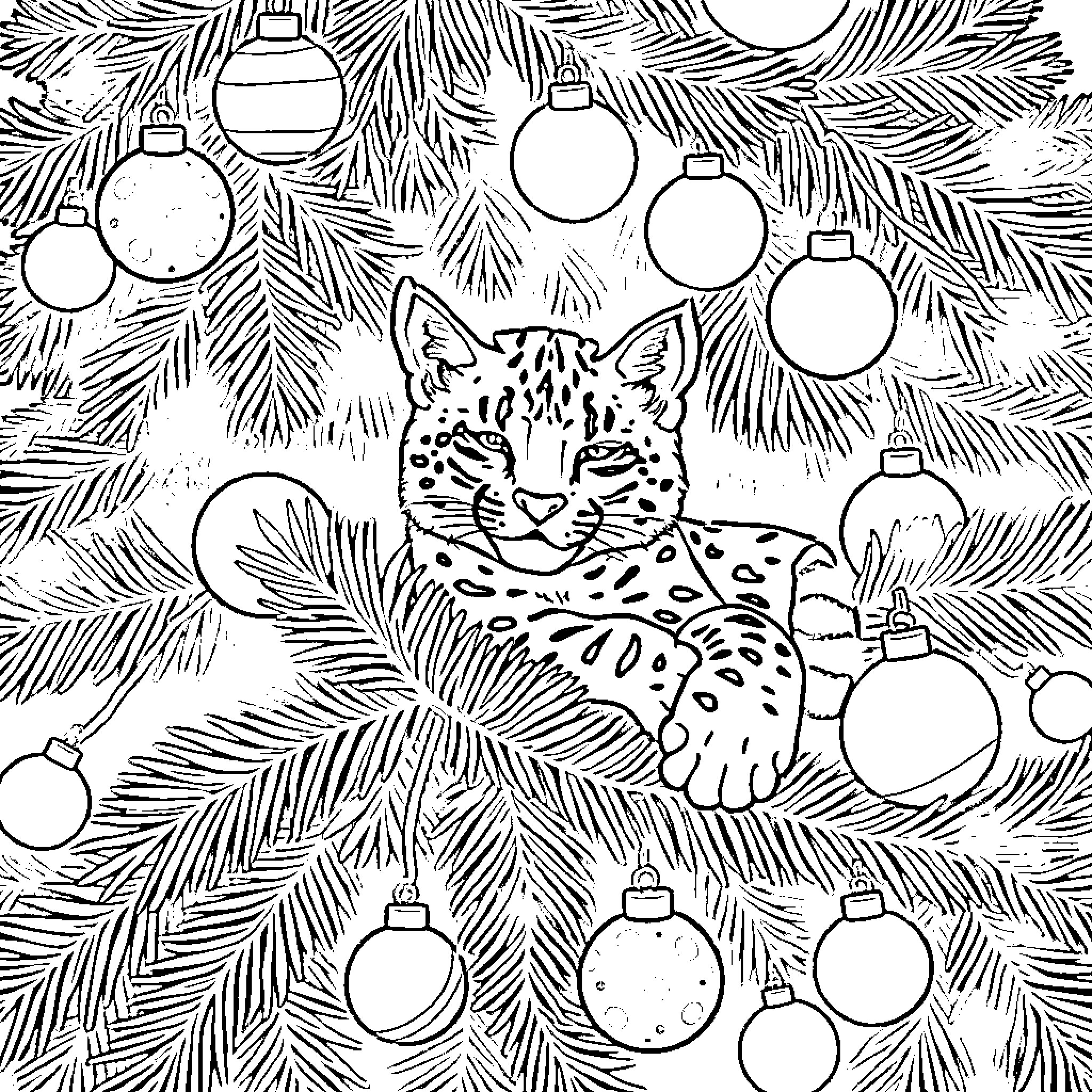 Bobcat peeking through snowy pine branches with holiday ornaments Coloring Page (free black-and-white line drawing printable PDF for all, from beginners to advanced learners, including children, teens, adults, and seniors)