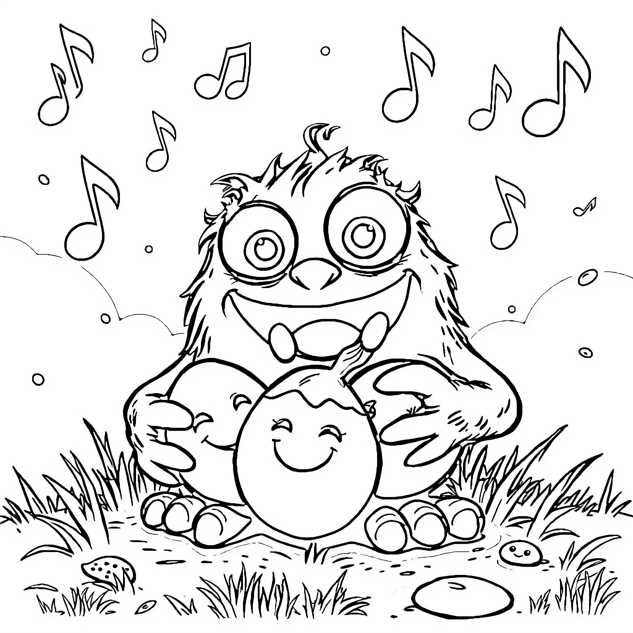 Monster sings and dances joyfully with music notes Coloring Page (free black-and-white line drawing printable PDF for all, from beginners to advanced learners, including children, teens, adults, and seniors)