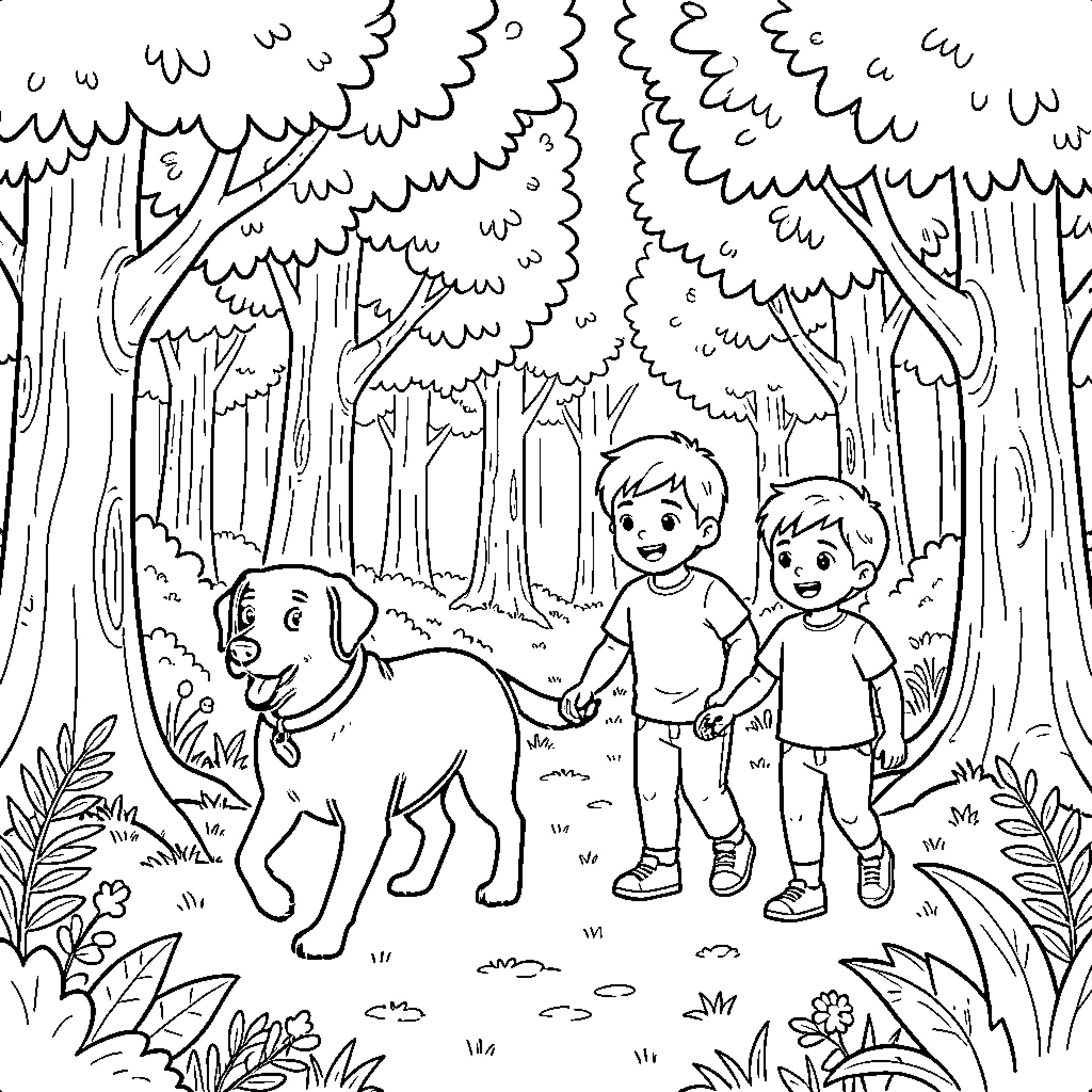 Labrador walking with two happy children in the woods Coloring Page (free black-and-white line drawing printable PDF for all, from beginners to advanced learners, including children, teens, adults, and seniors)