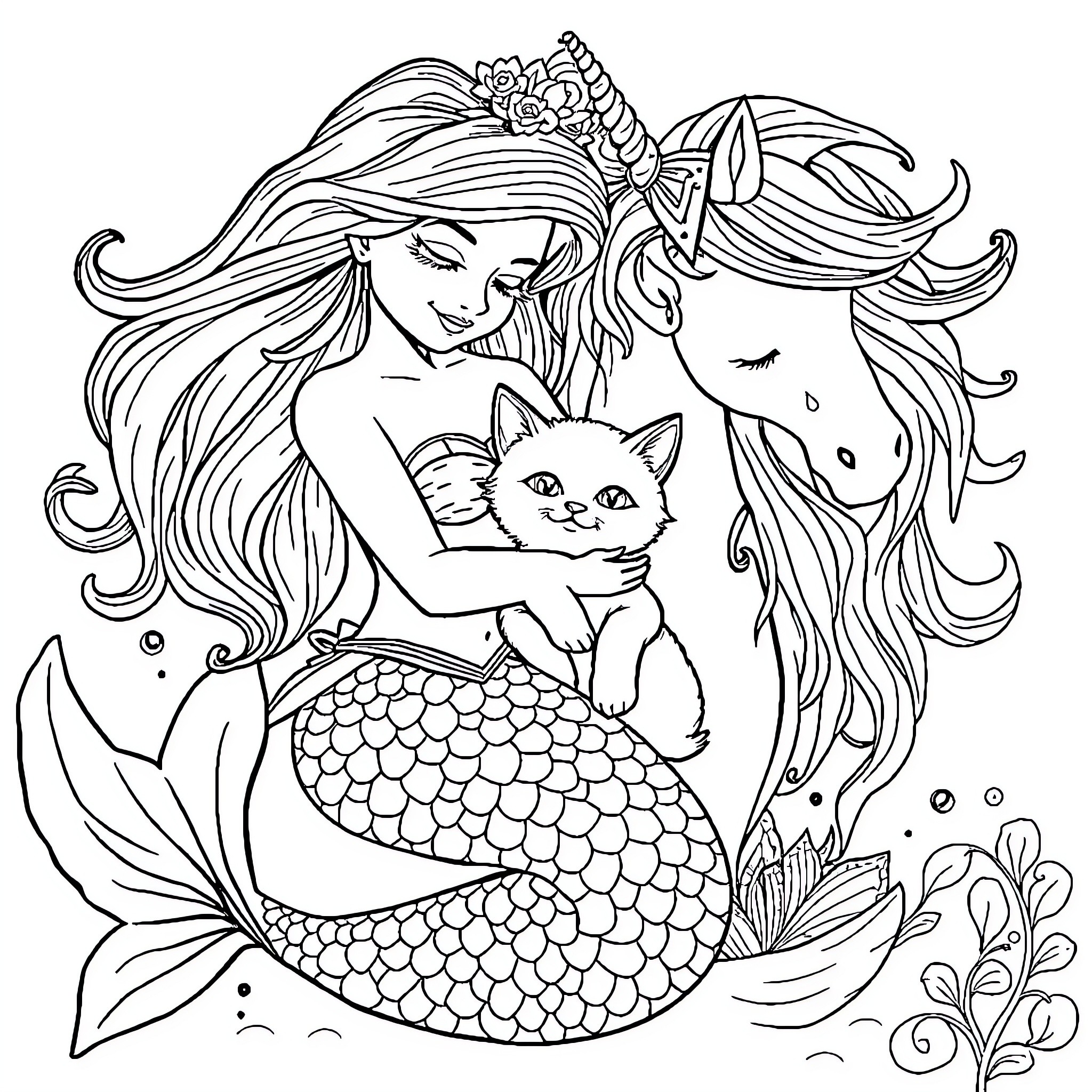 Mermaid cuddling a kitten in the ocean Coloring Page (free black-and-white line drawing printable PDF for all, from beginners to advanced learners, including children, teens, adults, and seniors)