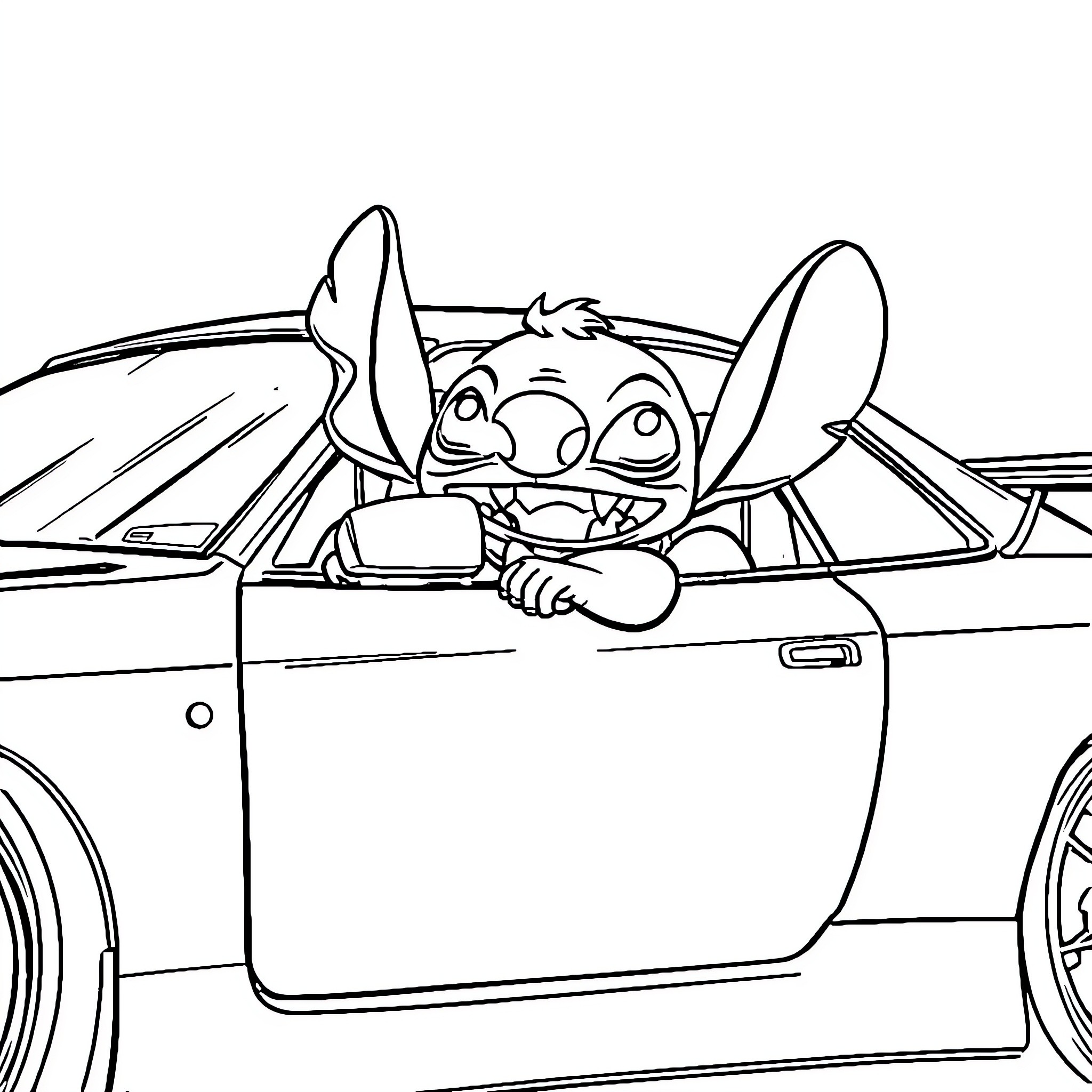 Stitch peeks out mischievously from car Coloring Page (free black-and-white line drawing printable PDF for all, from beginners to advanced learners, including children, teens, adults, and seniors)