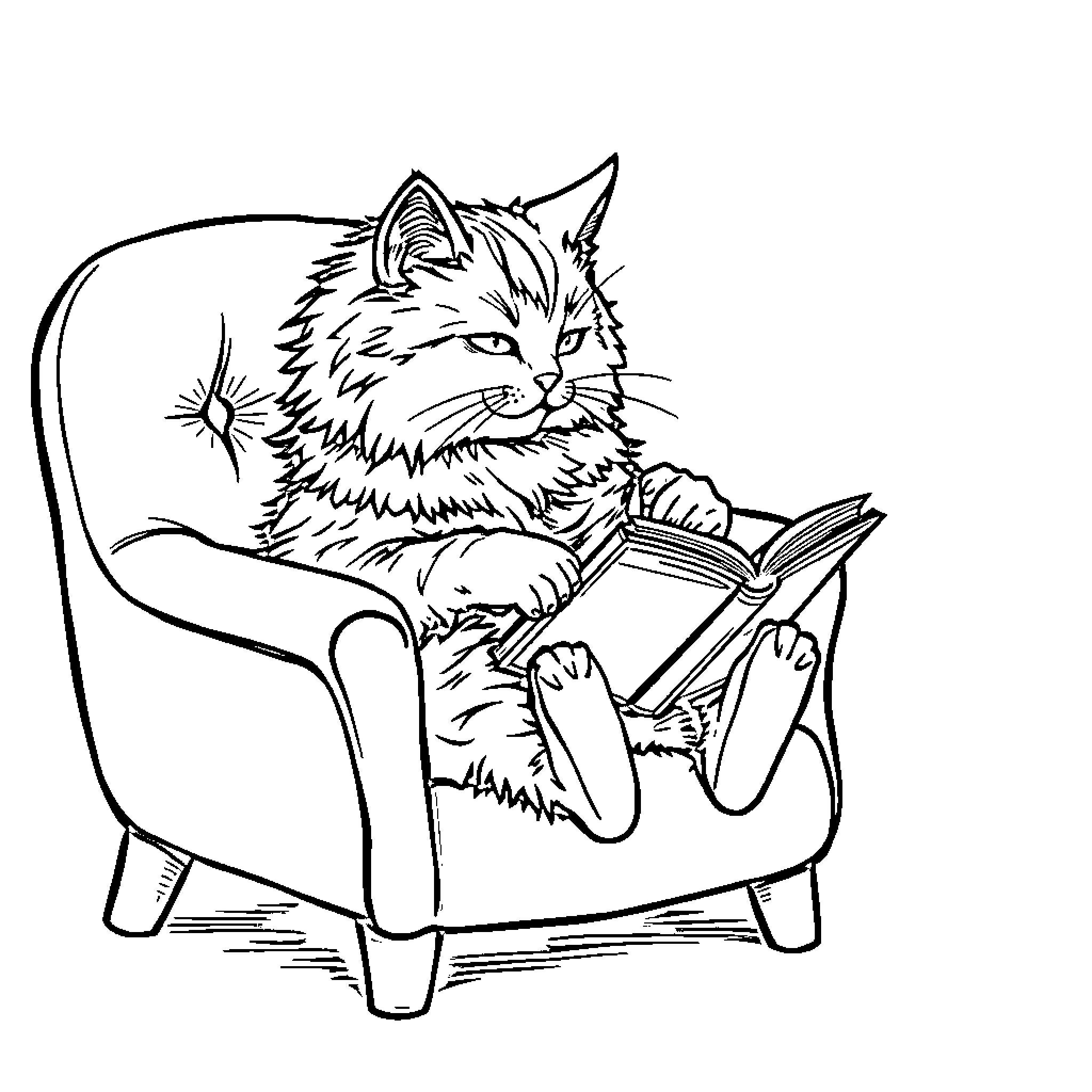 Cat relaxing and reading a book in a chair Coloring Page (free black-and-white line drawing printable PDF for all, from beginners to advanced learners, including children, teens, adults, and seniors)