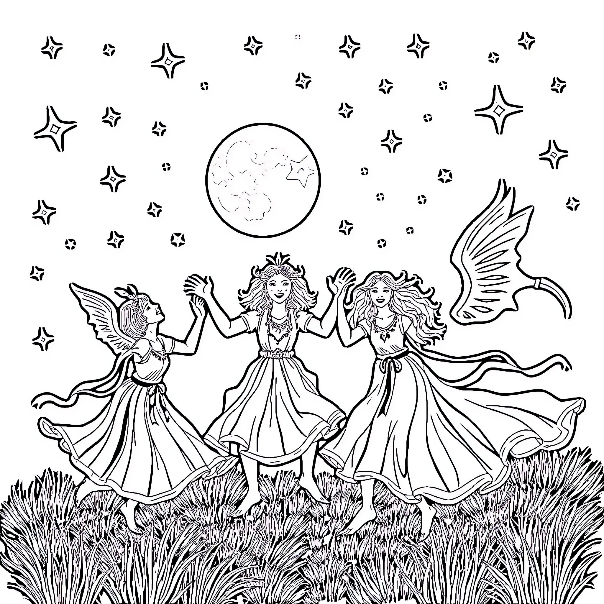 Korrigan Fairies Celebrating Under the Moon Coloring Page (free black-and-white line drawing printable PDF for all, from beginners to advanced learners, including children, teens, adults, and seniors)